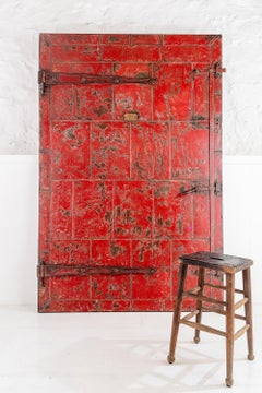 Superb Heavy Industrial Steel Door with Original Hinges Red Patina British, 1900