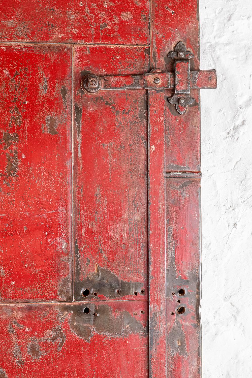 Superb Heavy Industrial Steel Door with Original Hinges Red Patina British, 1900 In Good Condition For Sale In Llanbrynmair, GB