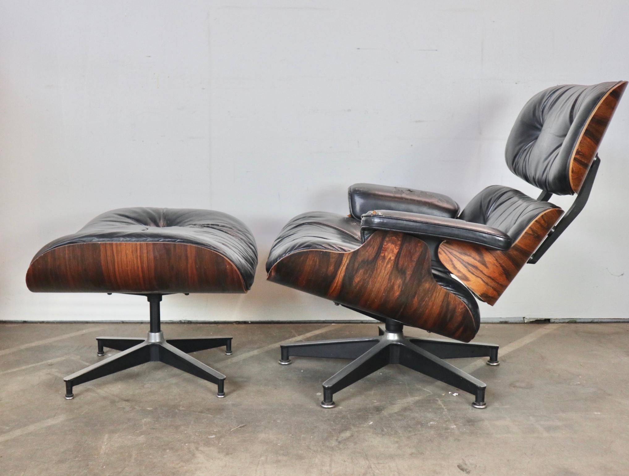 One of the best Eames lounge chairs we have owned. The wood grains and colors are simply amazing. A showstopper. The shock mounts have been replaced at $600 value. Original chair and ottoman set. Foam filled cushions in good condition and very