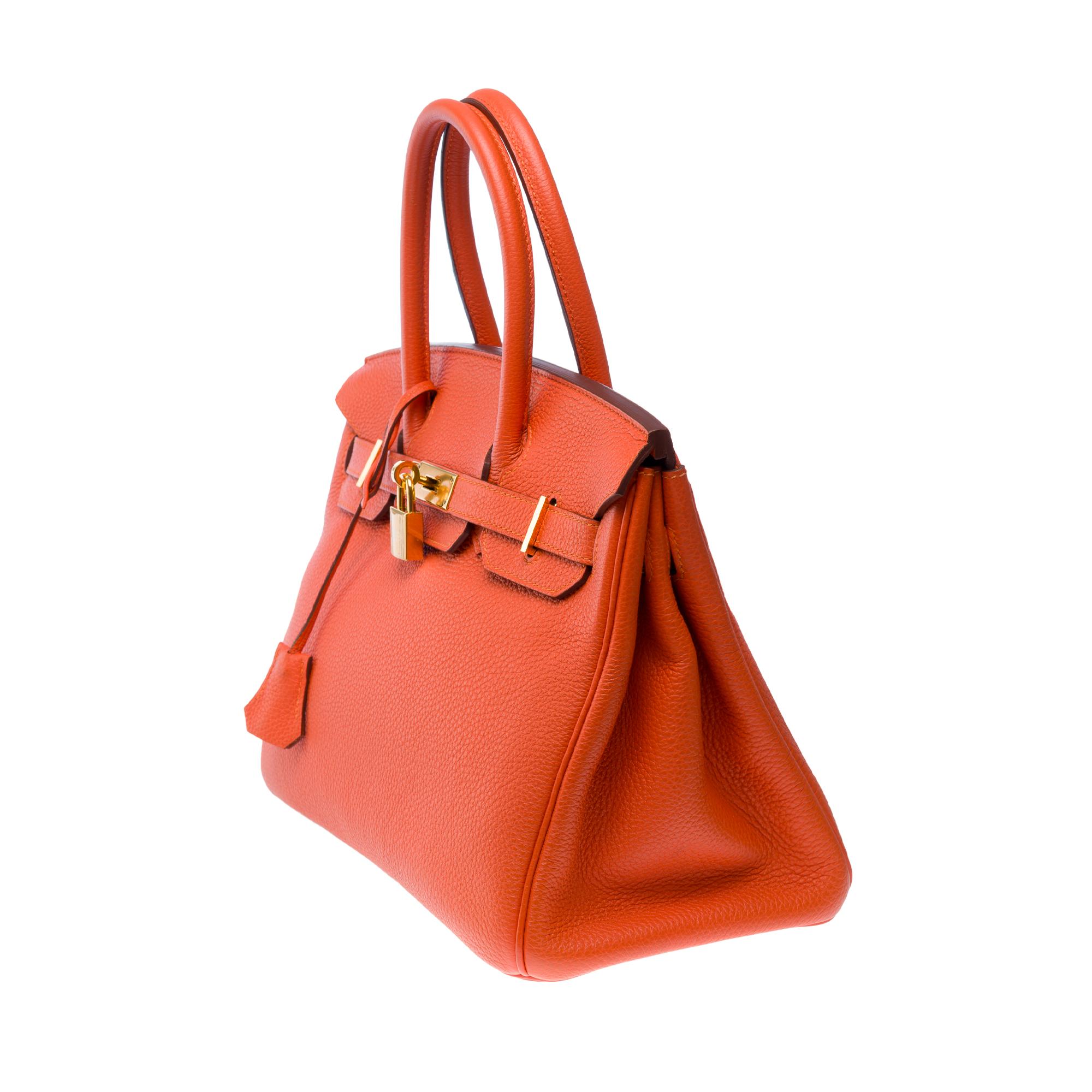 Superb Hermes Birkin 30 handbag in Taurillon Clemence Orange Poppy leather, GHW In Excellent Condition For Sale In Paris, IDF
