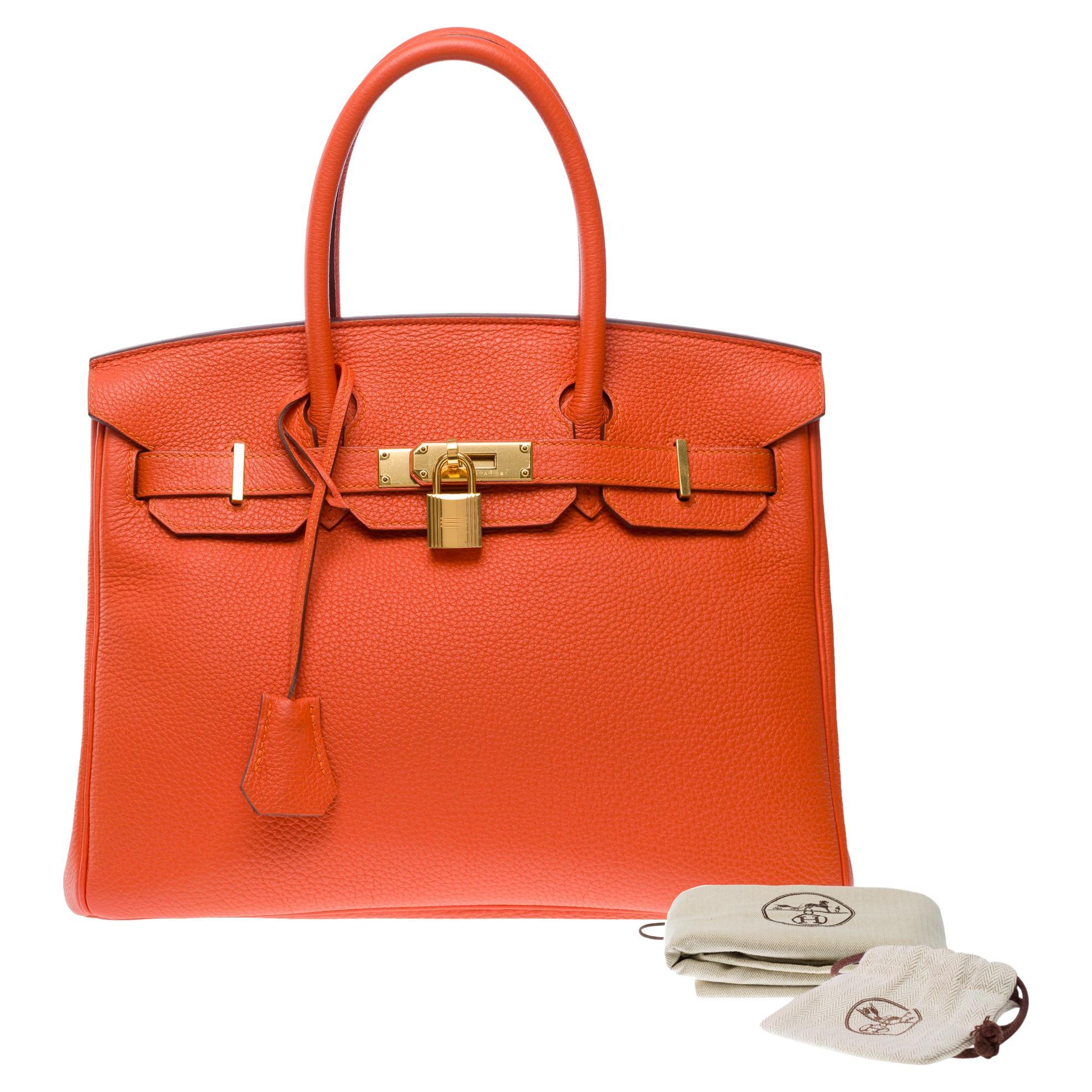 Superb Hermes Birkin 30 handbag in Taurillon Clemence Orange Poppy leather, GHW For Sale