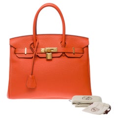 Used Superb Hermes Birkin 30 handbag in Taurillon Clemence Orange Poppy leather, GHW
