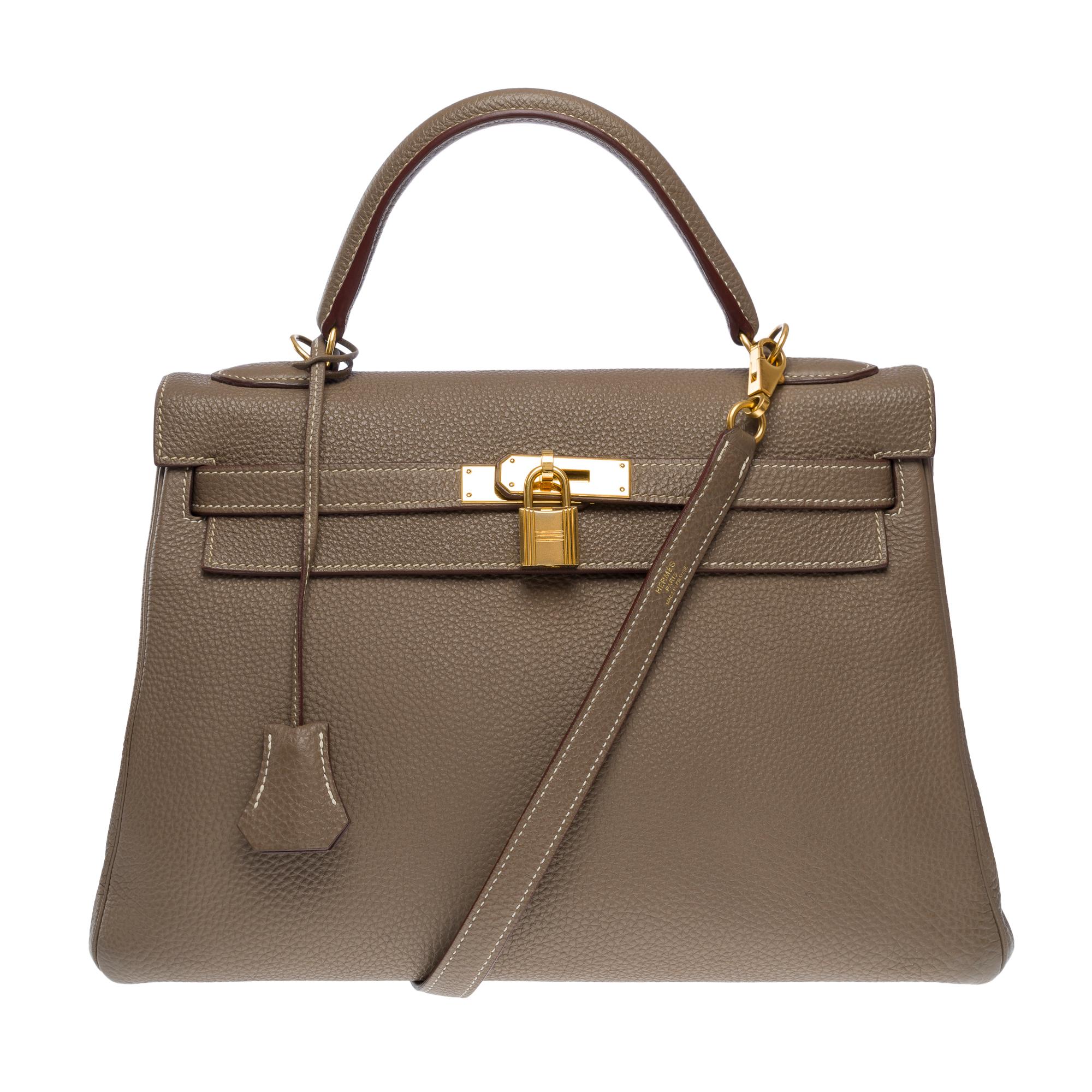 Superb Hermès Kelly 32 retourne handbag strap in Togo etoupe leather , GHW In Good Condition In Paris, IDF