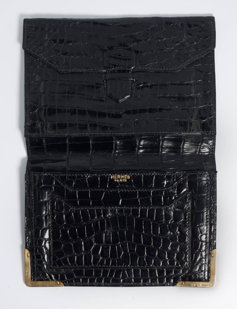 Superb Hermes Paris 1960s Gentlemans Black Crocodile Gold Cornered