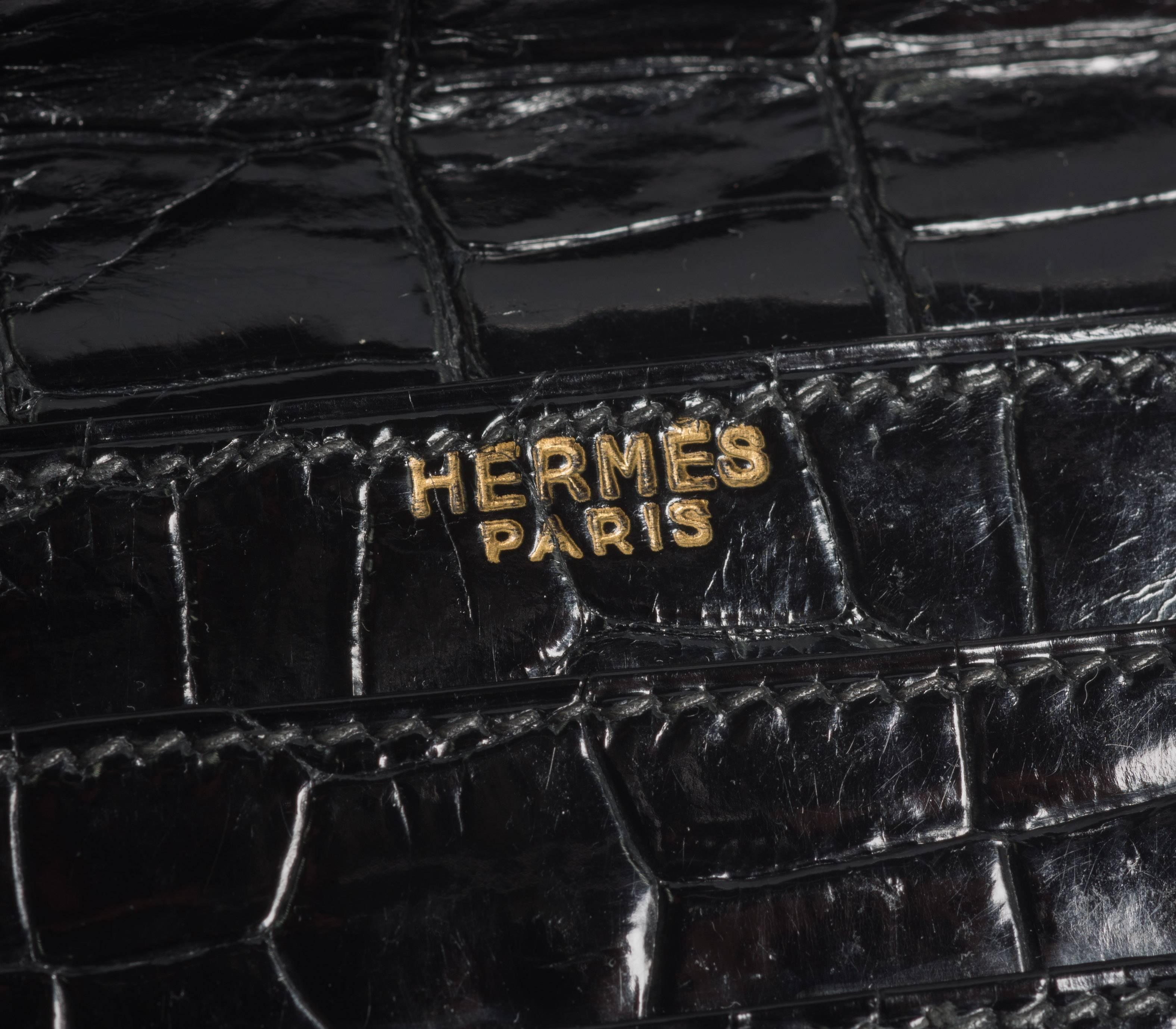 French Superb Hermes Paris 1960s Gentlemans Black Crocodile Gold Cornered Wallet