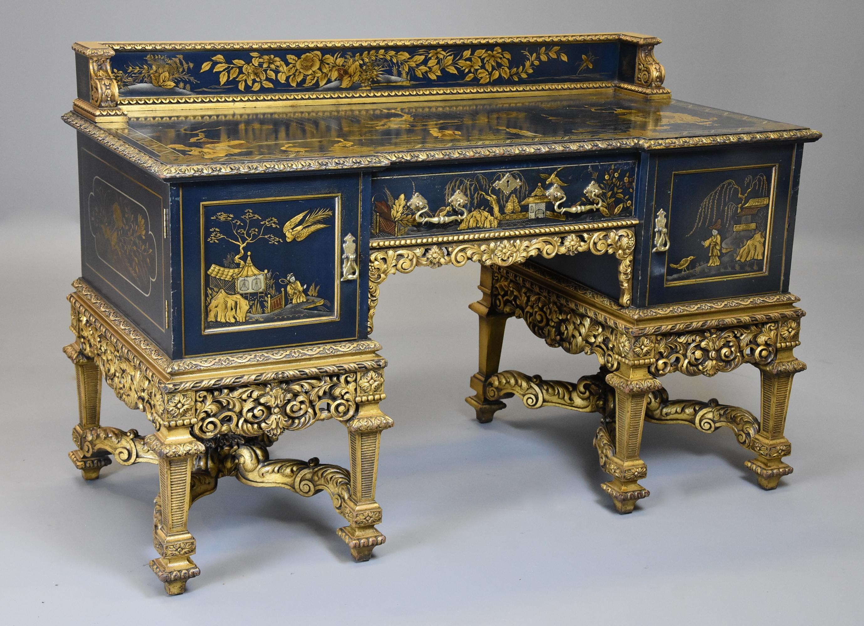 English Superb Highly Decorative Charles II Style Blue & Gilt Chinoiserie Dressing Table