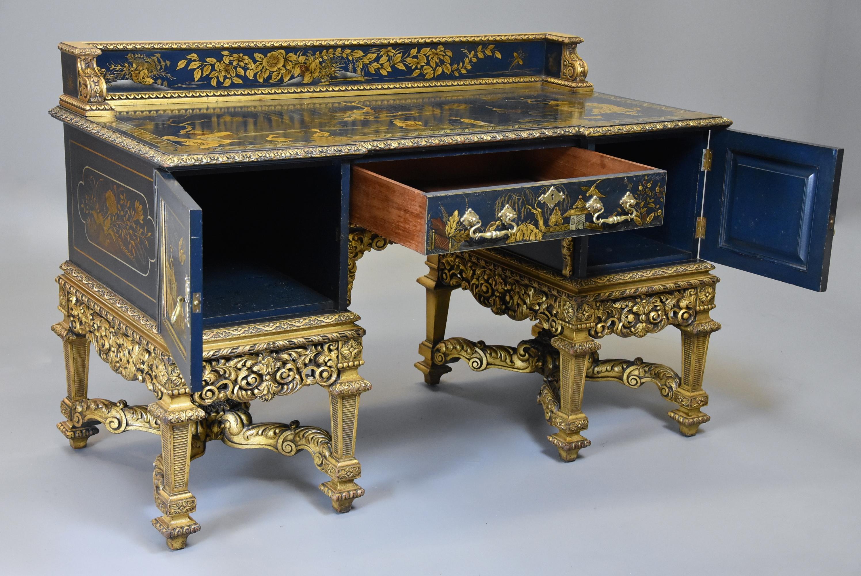 20th Century Superb Highly Decorative Charles II Style Blue & Gilt Chinoiserie Dressing Table