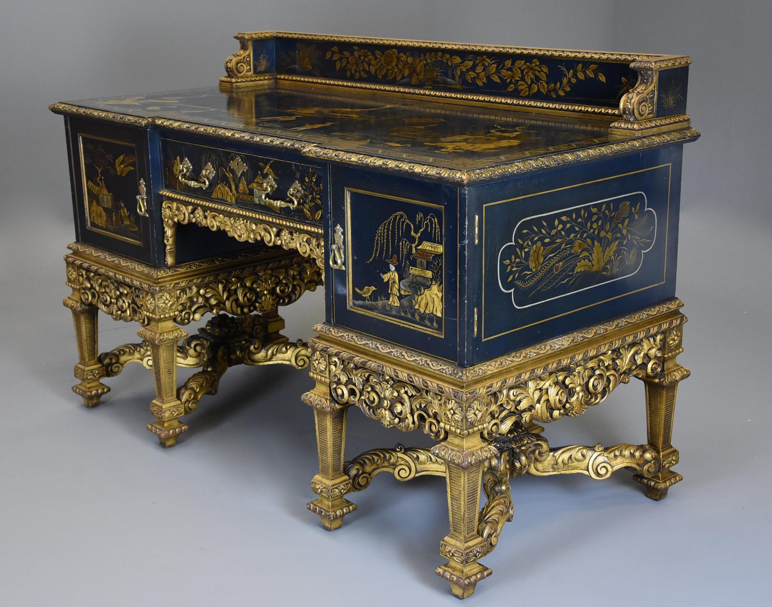 Giltwood Superb Highly Decorative Charles II Style Blue & Gilt Chinoiserie Dressing Table