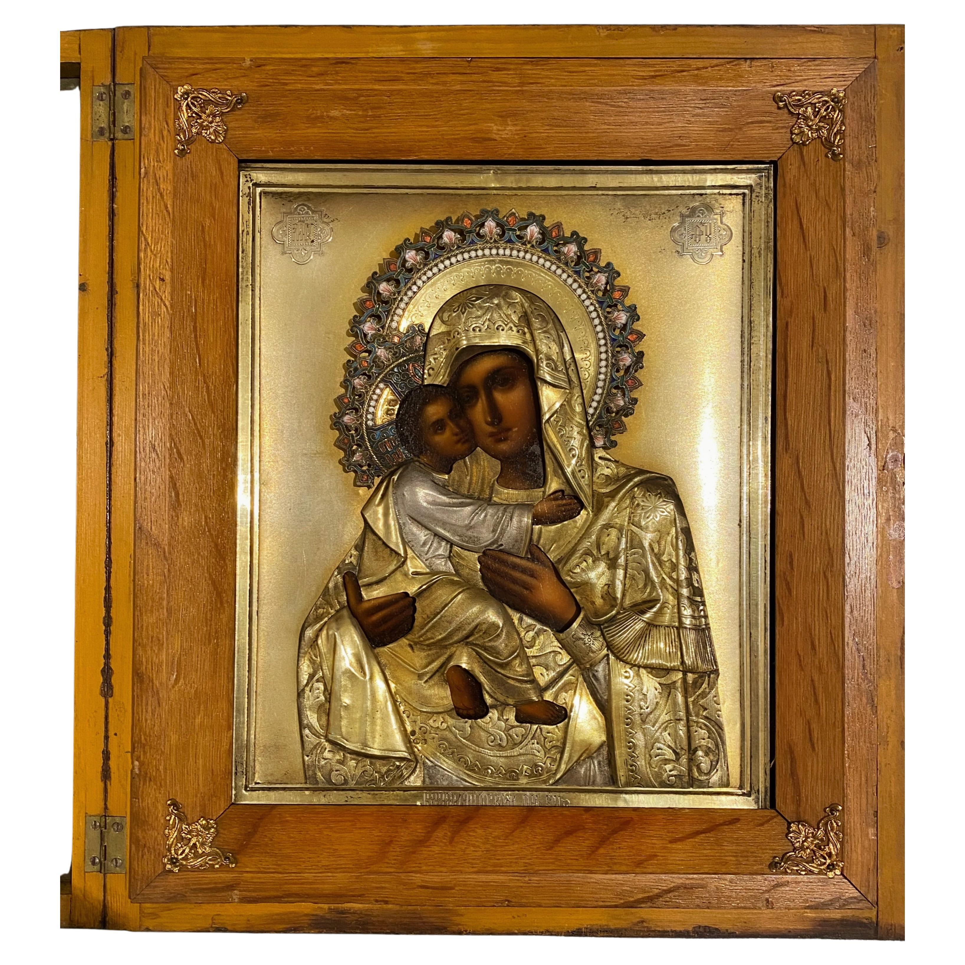 Superb Imperial Russia 84 Silver Vladimir Mother of God Icon by Egor Cheryatov For Sale