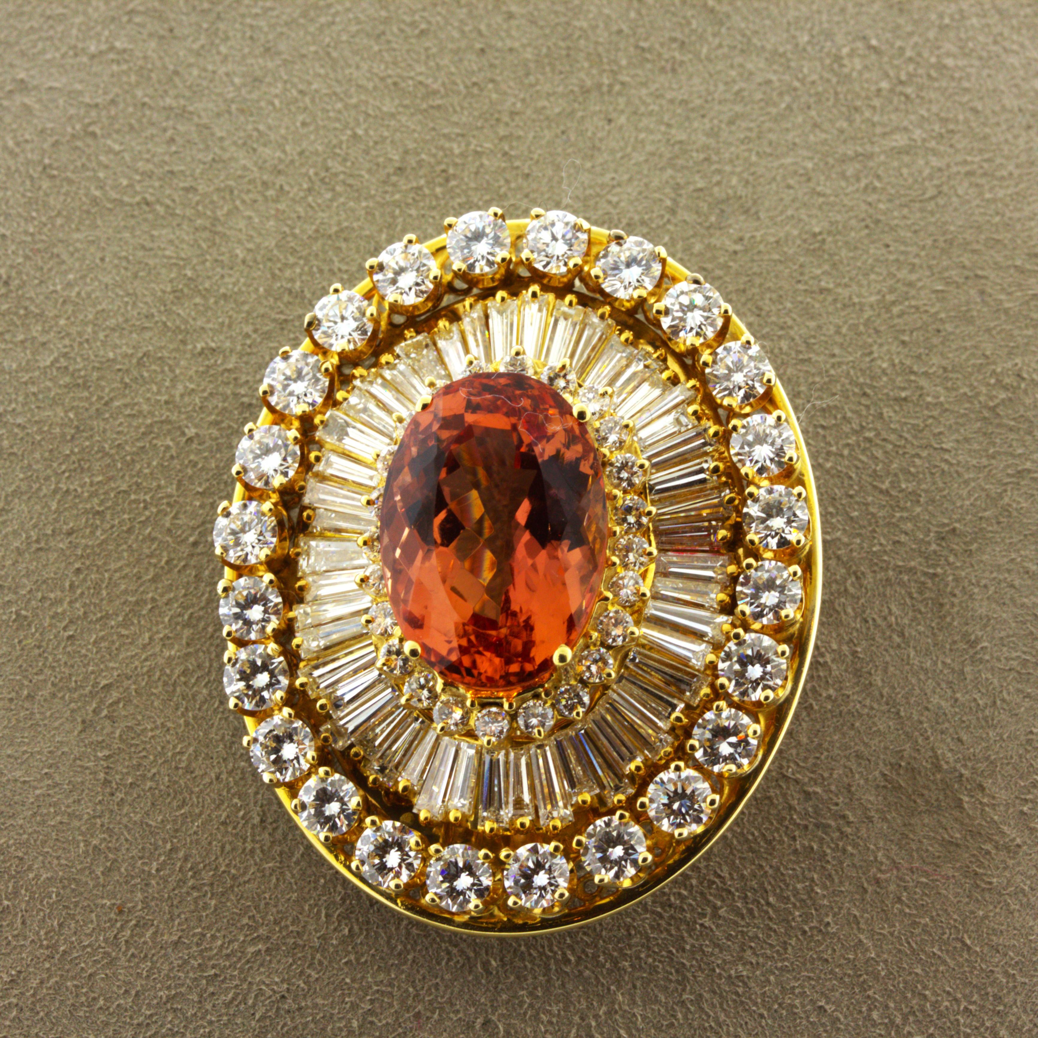 Taille ronde Superbe broche en or jaune 18 carats avec topaze impériale et diamants, certifiée AGL en vente