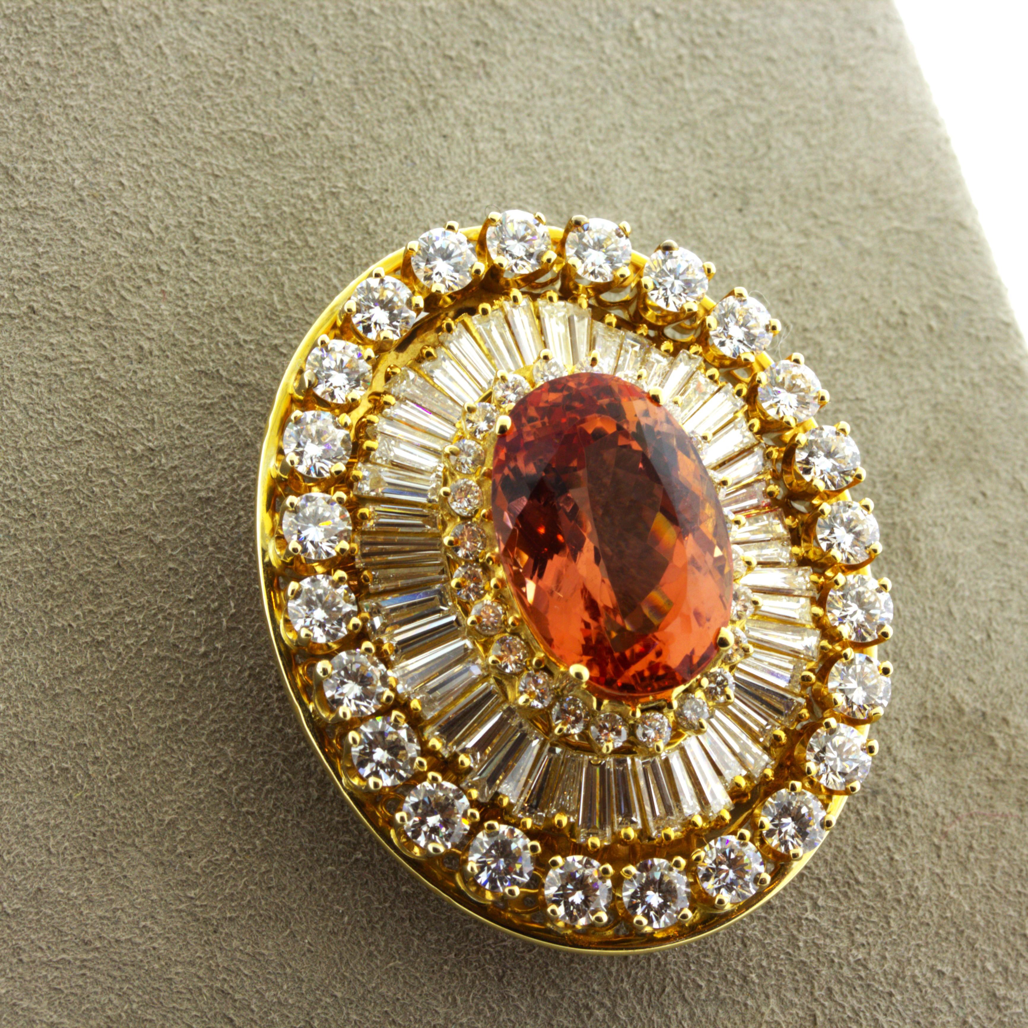 Round Cut Superb Imperial Topaz Diamond 18K Yellow Gold Brooch, AGL Certified For Sale