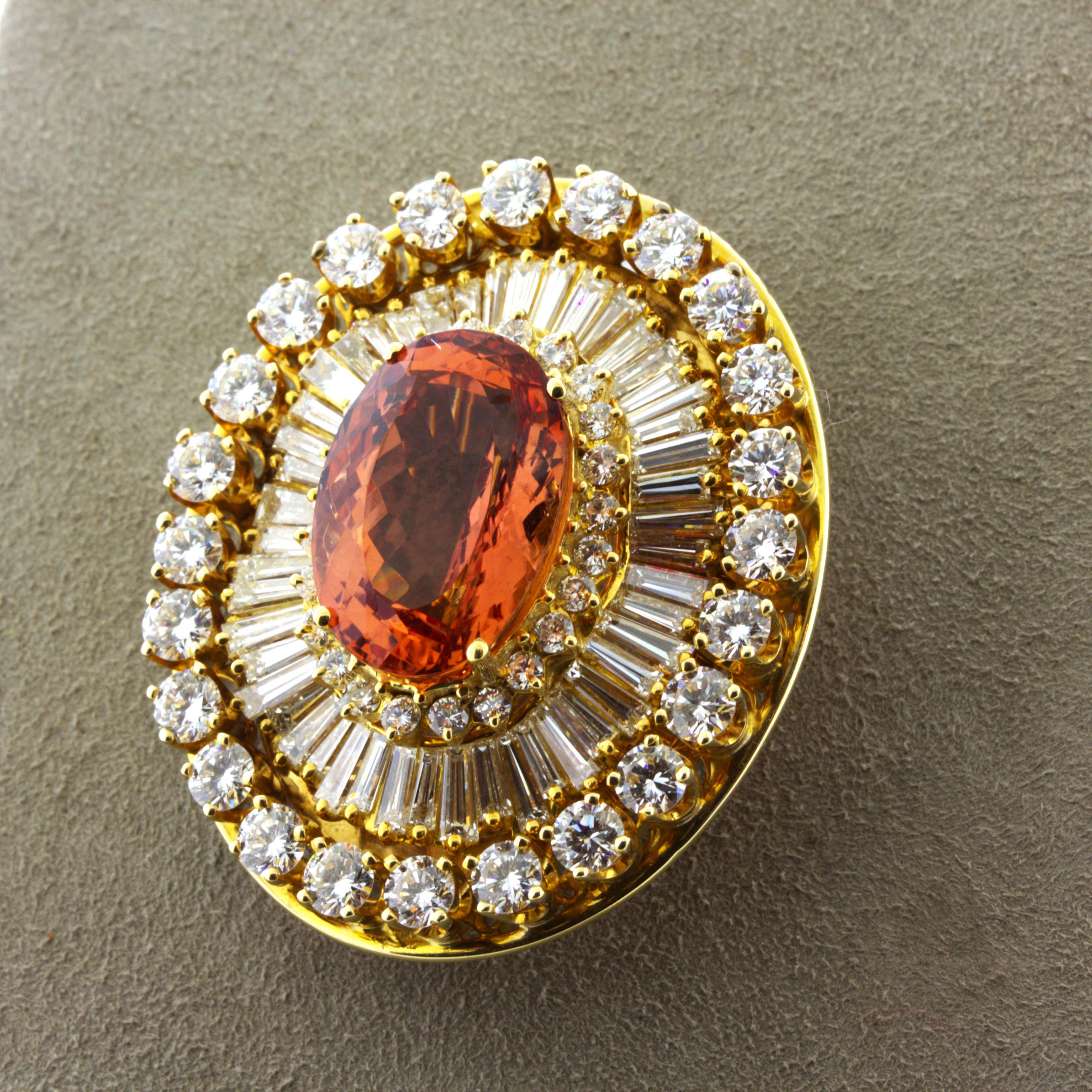 Superb Imperial Topaz Diamond 18K Yellow Gold Brooch, AGL Certified In New Condition For Sale In Beverly Hills, CA