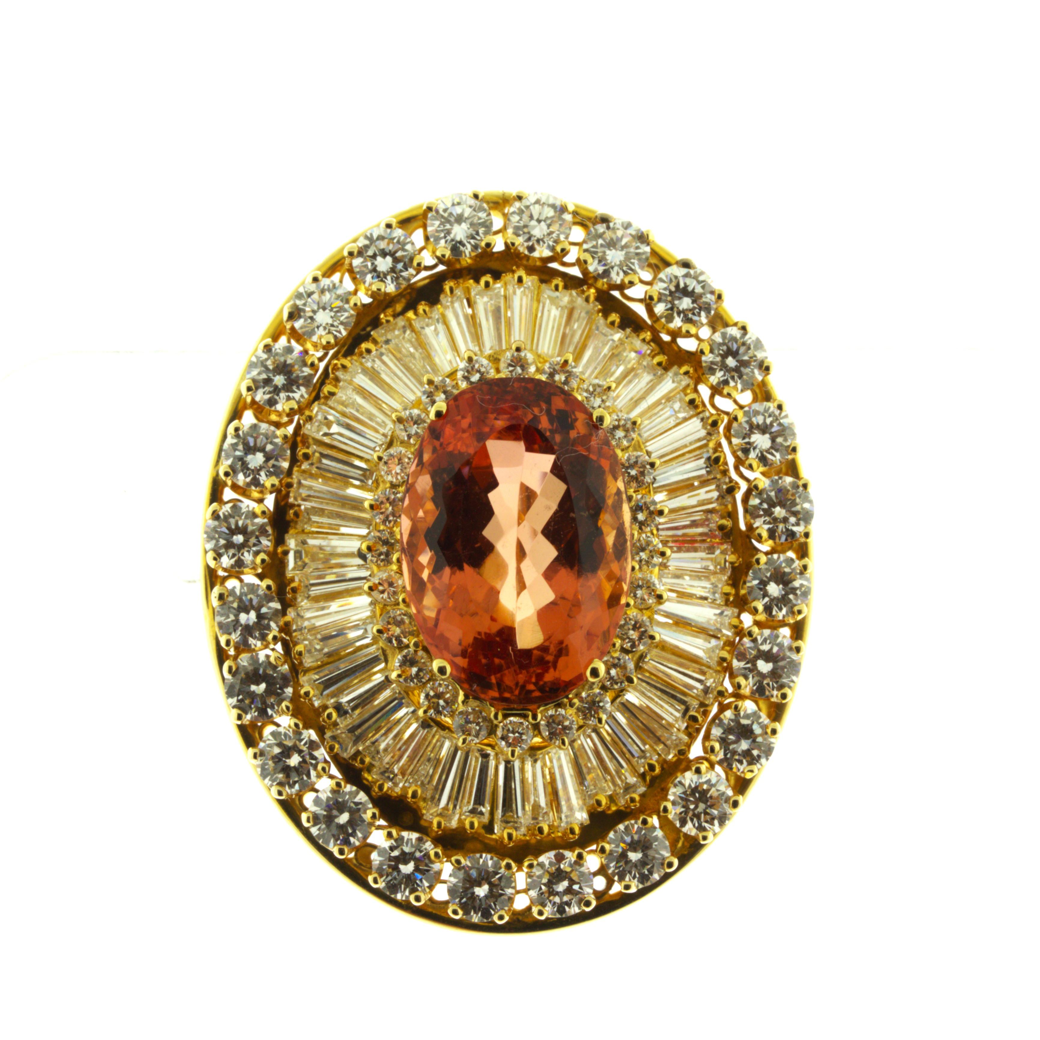 Women's or Men's Superb Imperial Topaz Diamond 18K Yellow Gold Brooch, AGL Certified For Sale