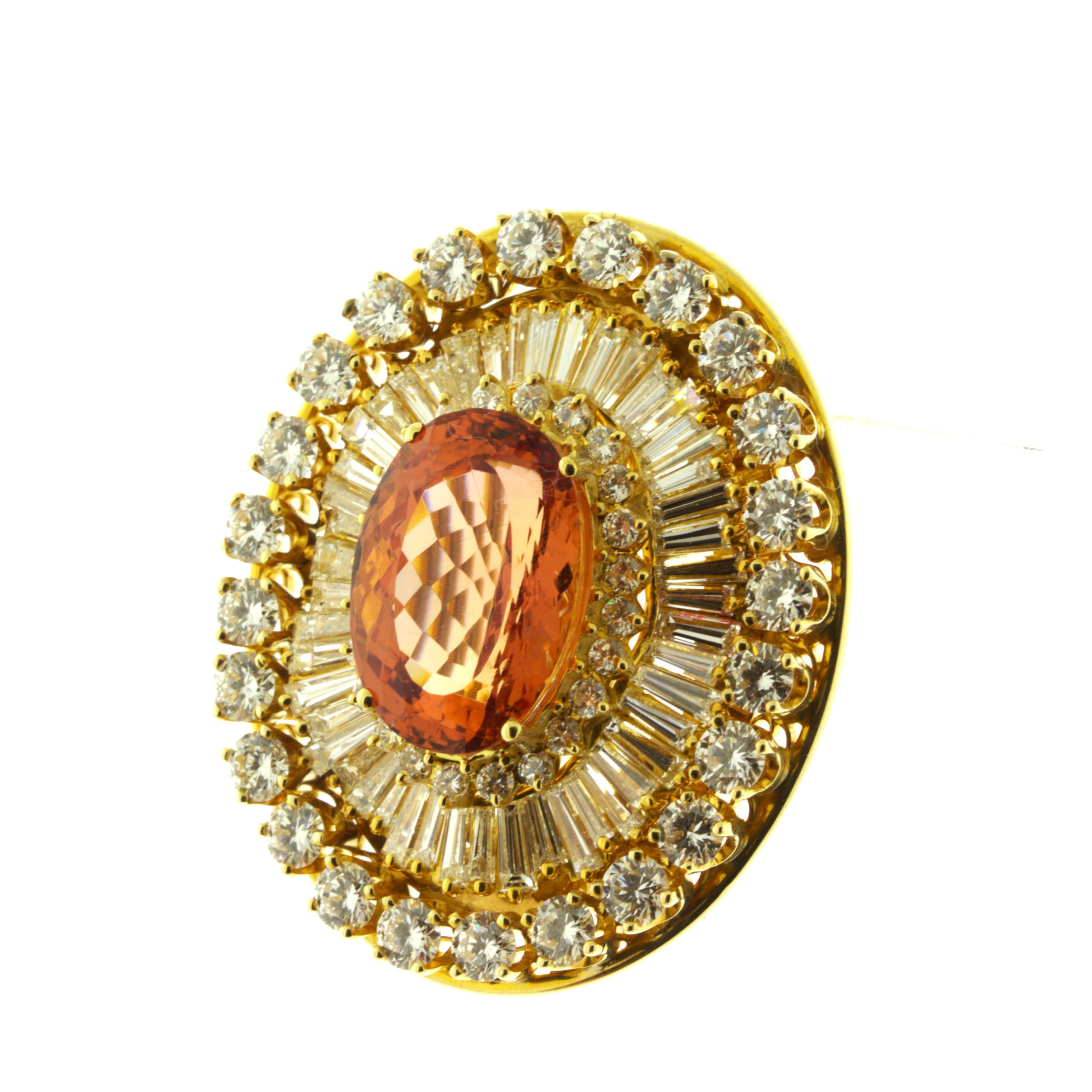 Superb Imperial Topaz Diamond 18K Yellow Gold Brooch, AGL Certified For Sale 1