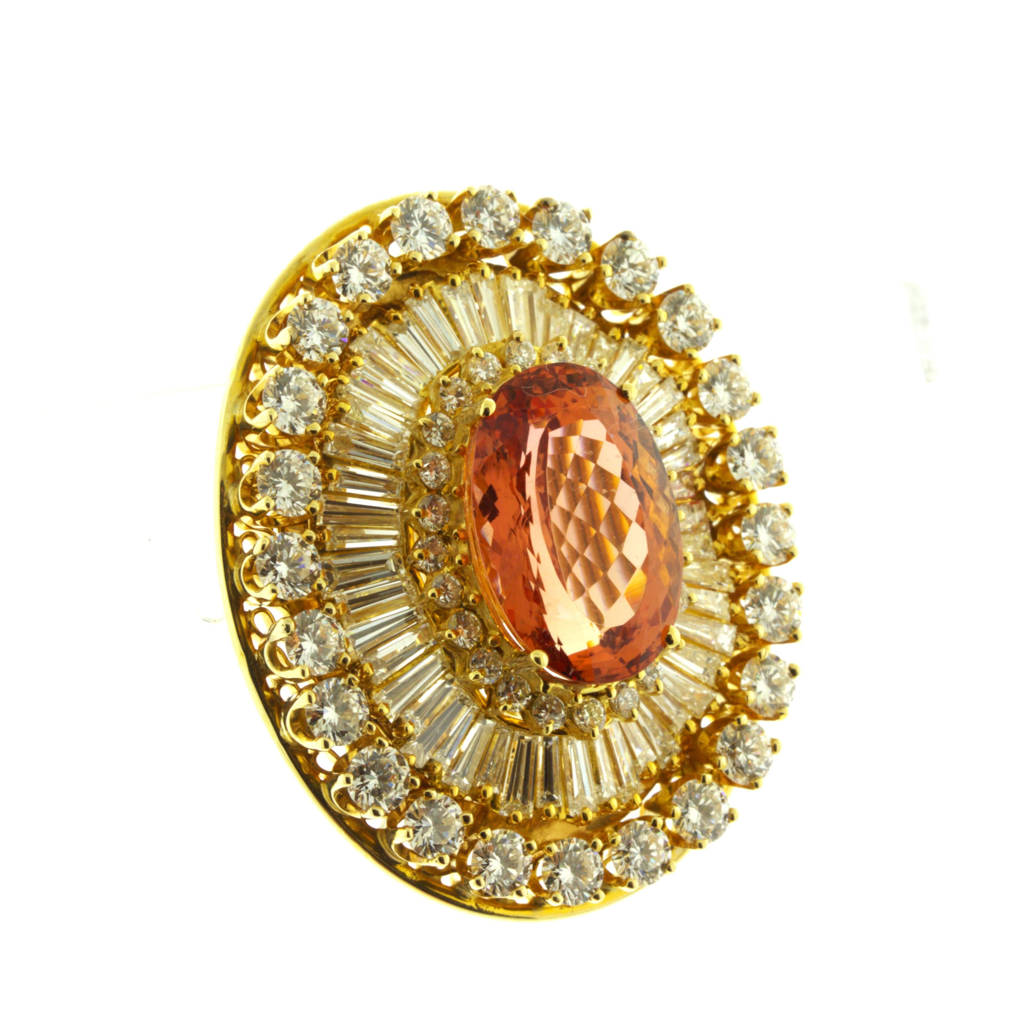 Superb Imperial Topaz Diamond 18K Yellow Gold Brooch, AGL Certified For Sale 2