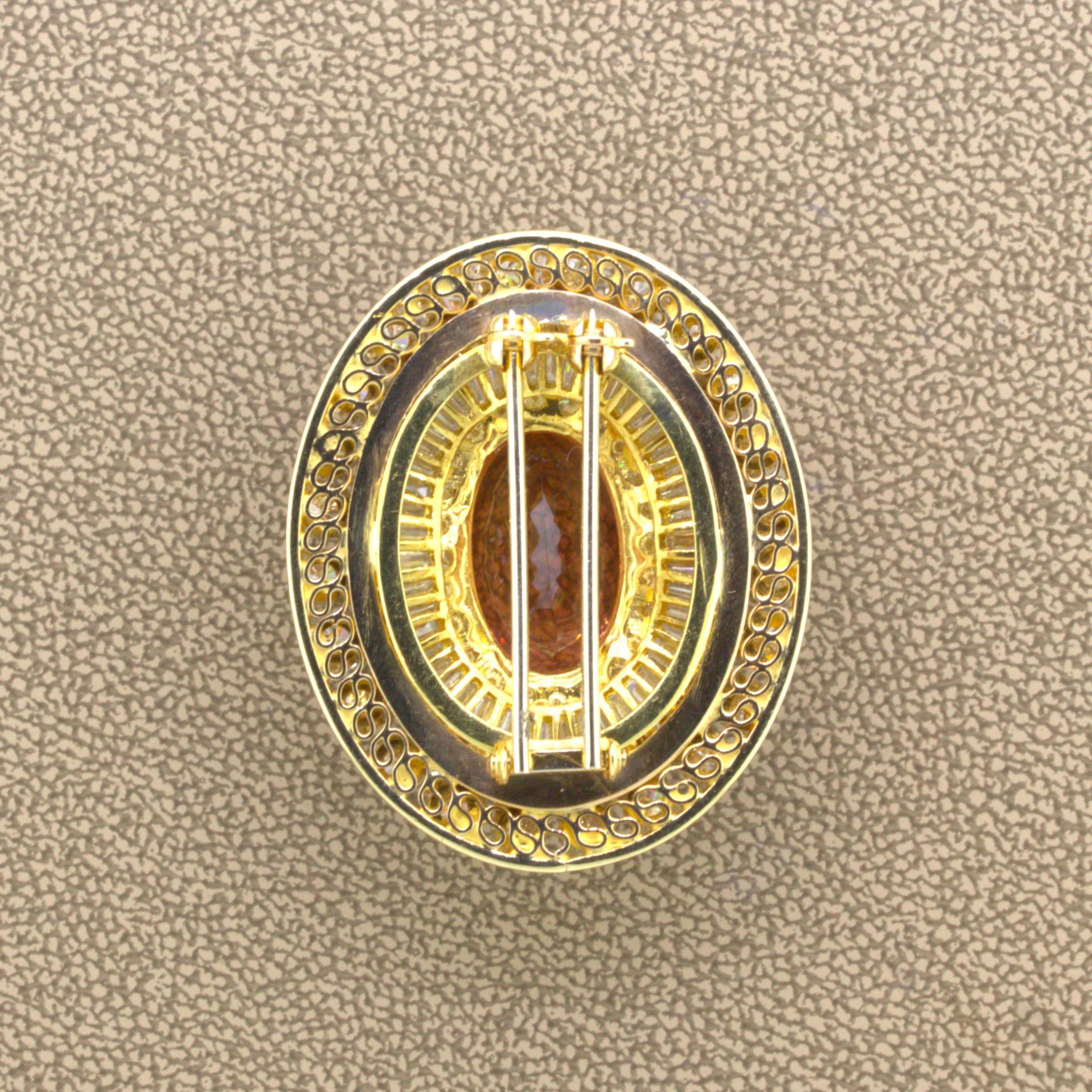 Superb Imperial Topaz Diamond 18K Yellow Gold Brooch, AGL Certified For Sale 3