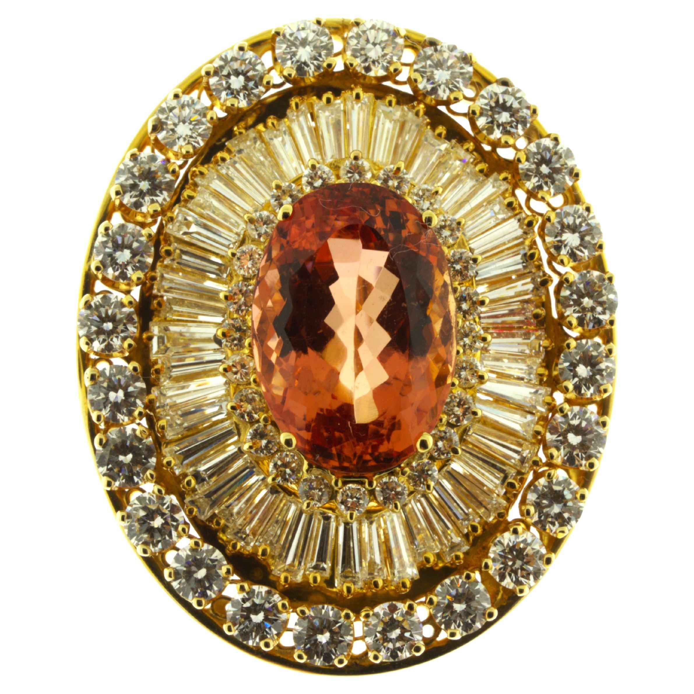 Superb Imperial Topaz Diamond 18K Yellow Gold Brooch, AGL Certified