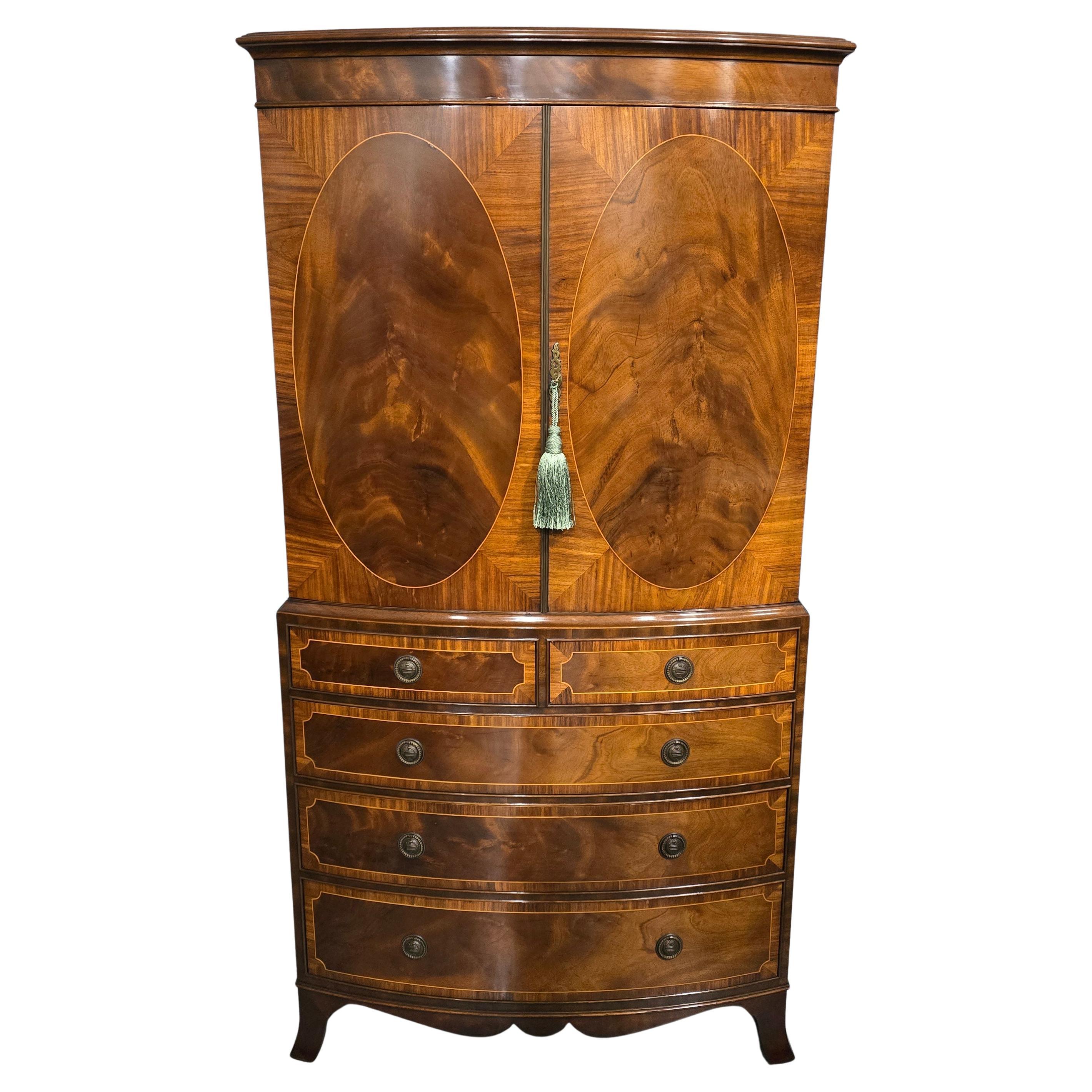 Superb Inlaid Bow Front Linen Press For Sale