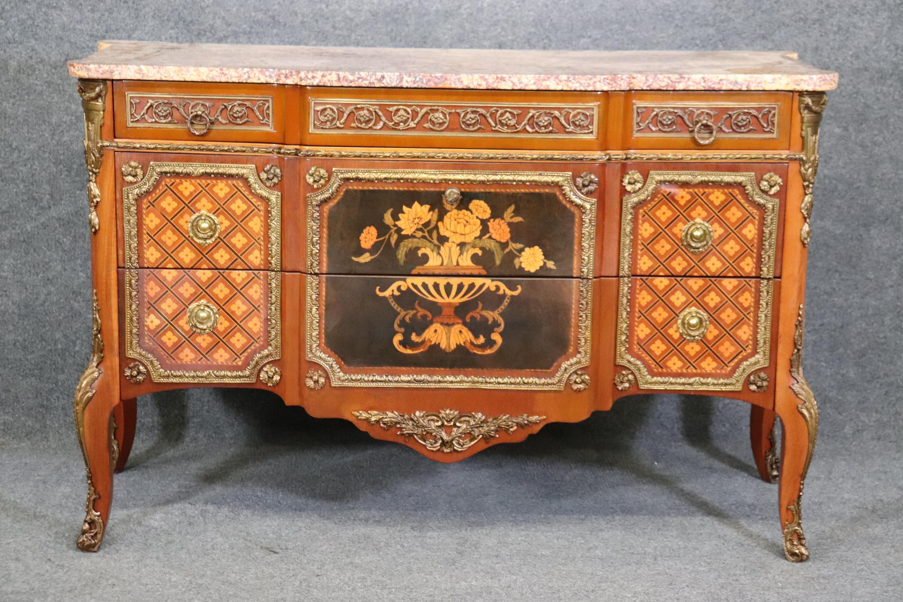 Superb Inlaid French Louis XV Bronze Mounted Marble Top Commode In Good Condition For Sale In Swedesboro, NJ