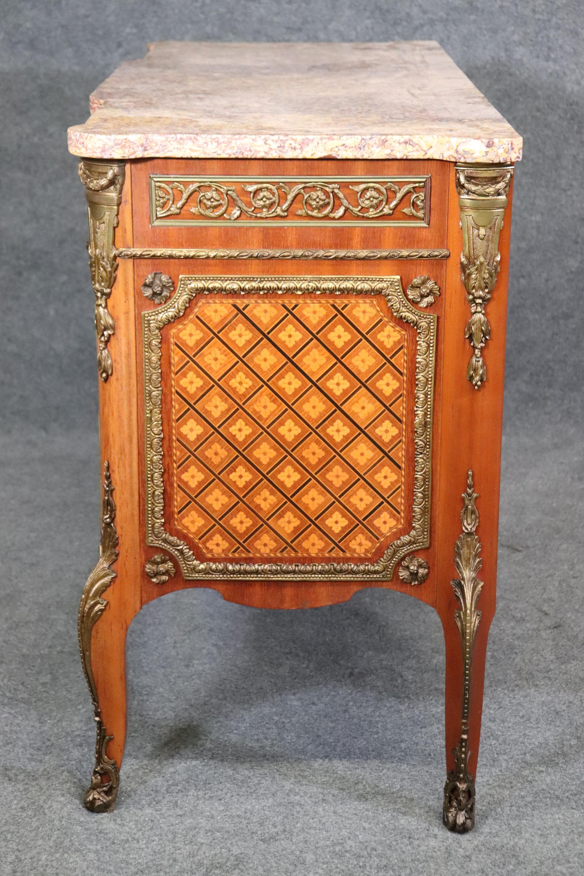 Mid-20th Century Superb Inlaid French Louis XV Bronze Mounted Marble Top Commode For Sale