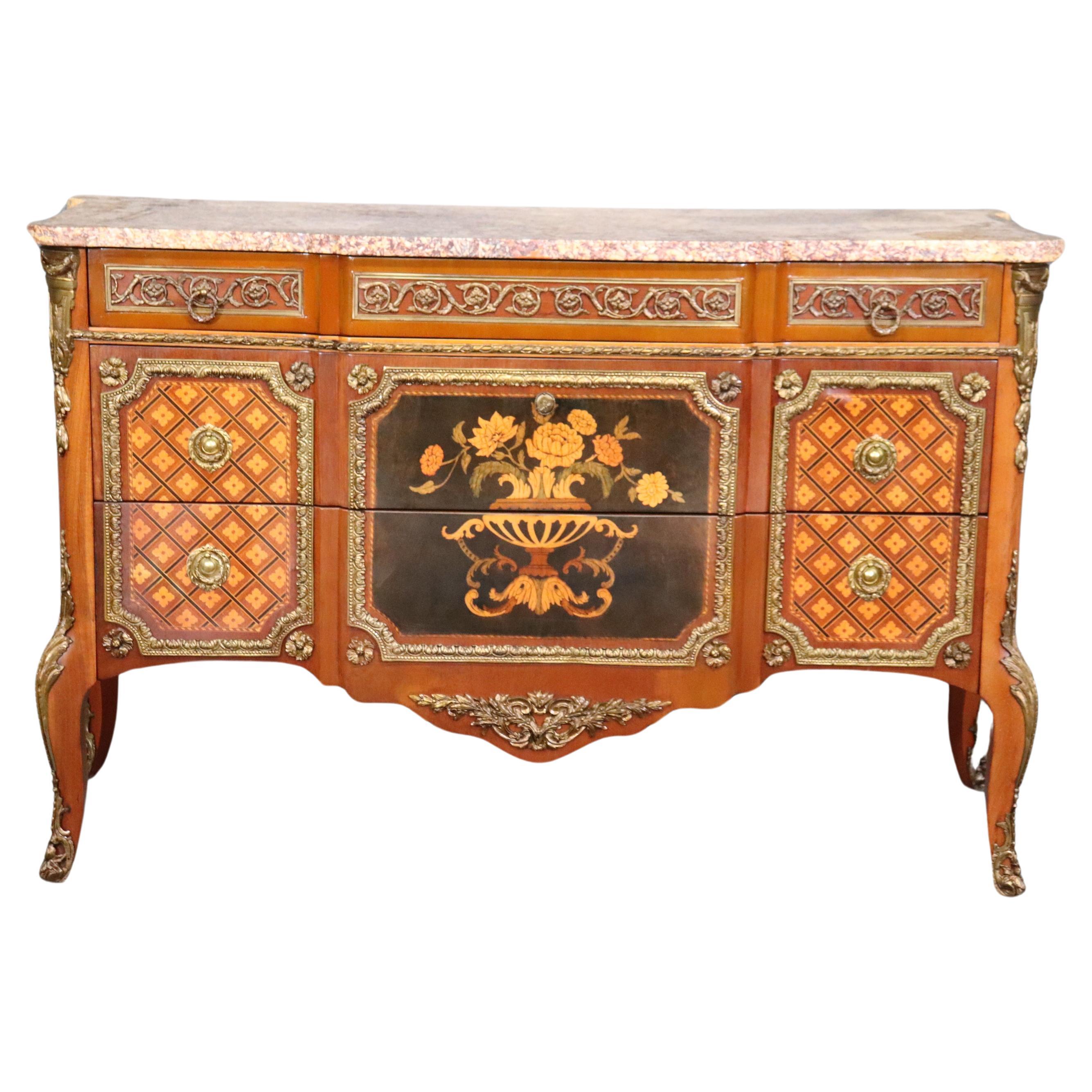 Superb Inlaid French Louis XV Bronze Mounted Marble Top Commode For Sale