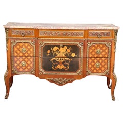 Vintage Superb Inlaid French Louis XV Bronze Mounted Marble Top Commode