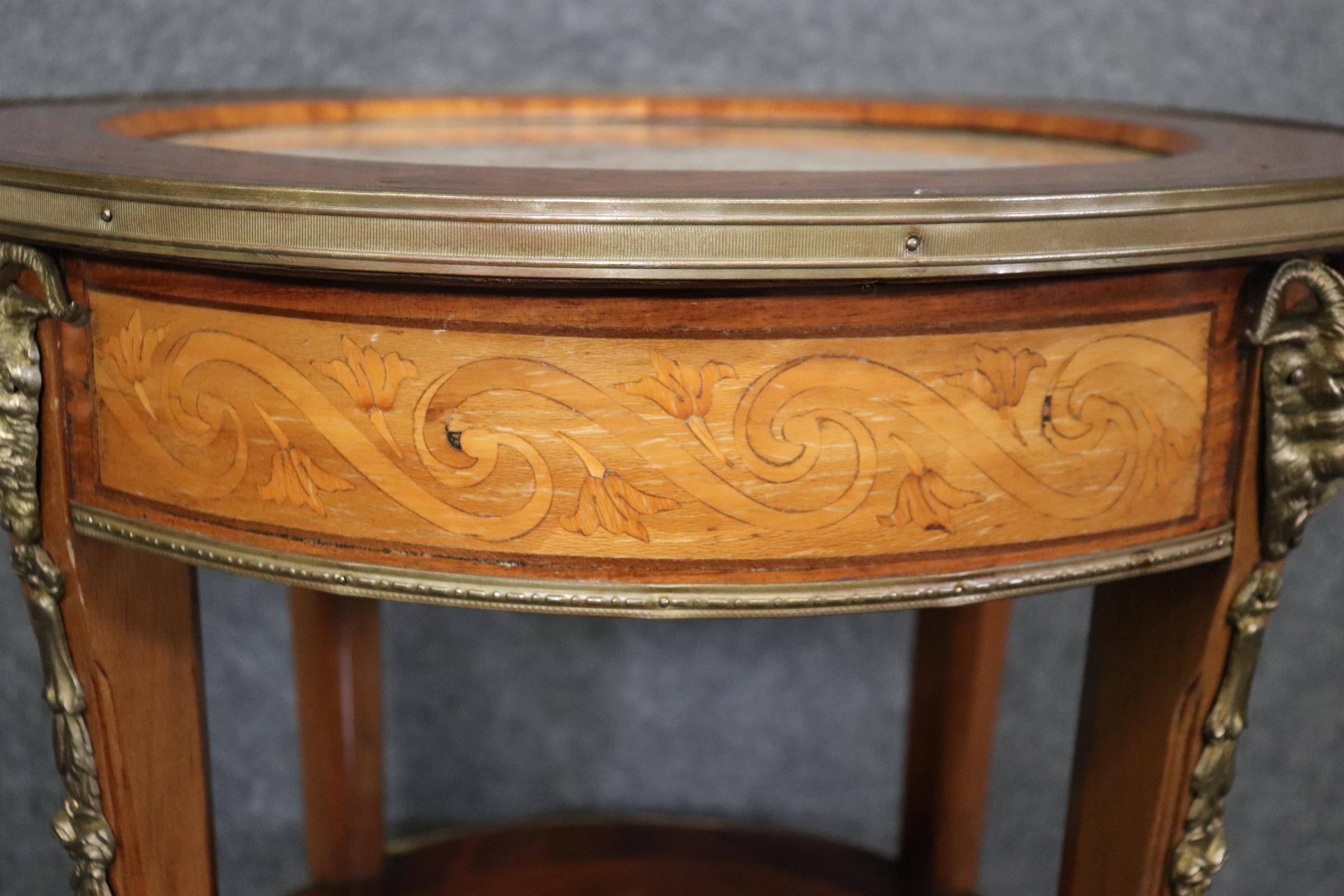 Superb Inlaid Satinwood and Walnut Marble Top Bronze Rams Head End Tables  5