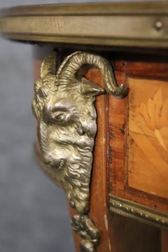 Superb Inlaid Satinwood and Walnut Marble Top Bronze Rams Head End Tables