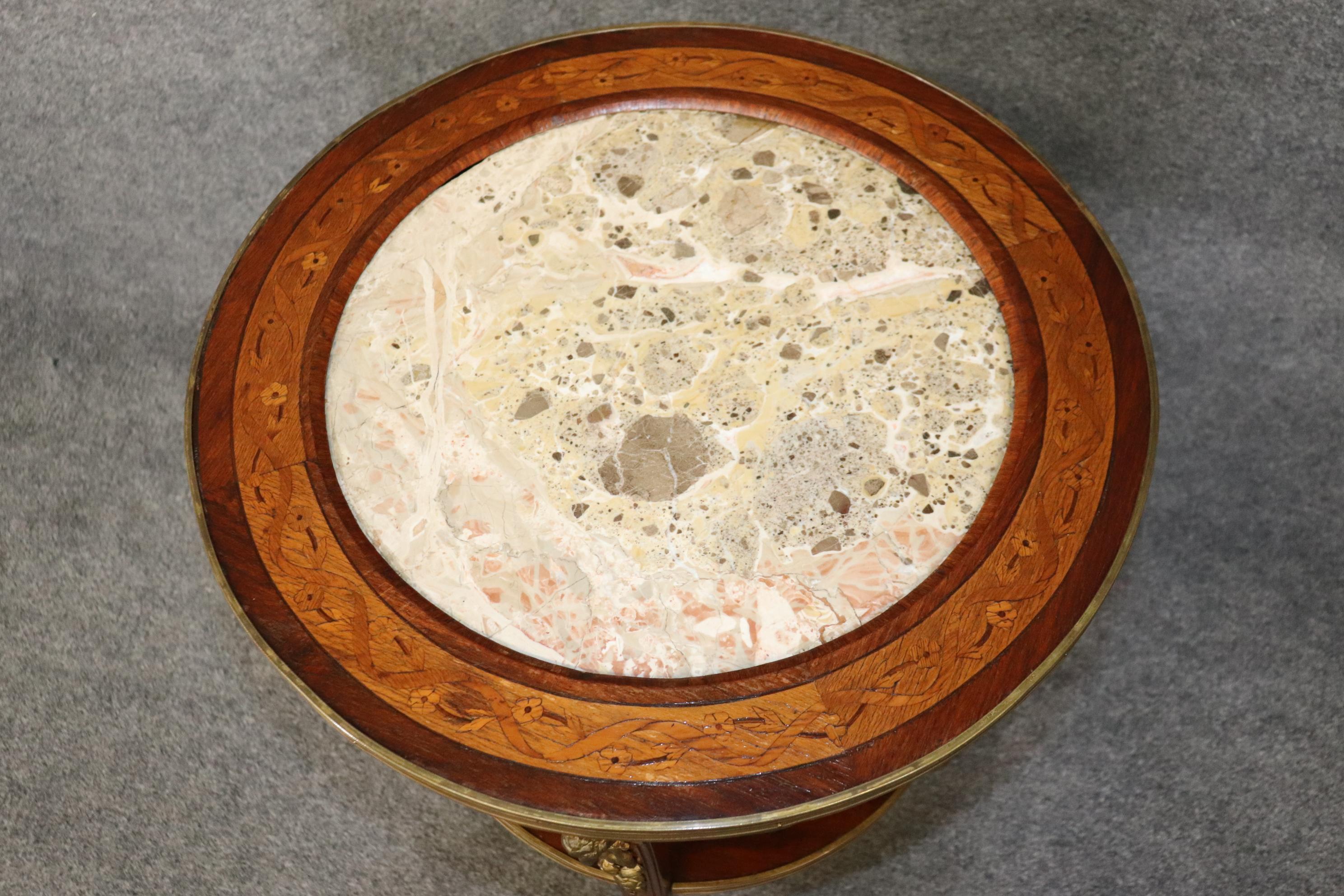 Regency Revival Superb Inlaid Satinwood and Walnut Marble Top Bronze Rams Head End Tables