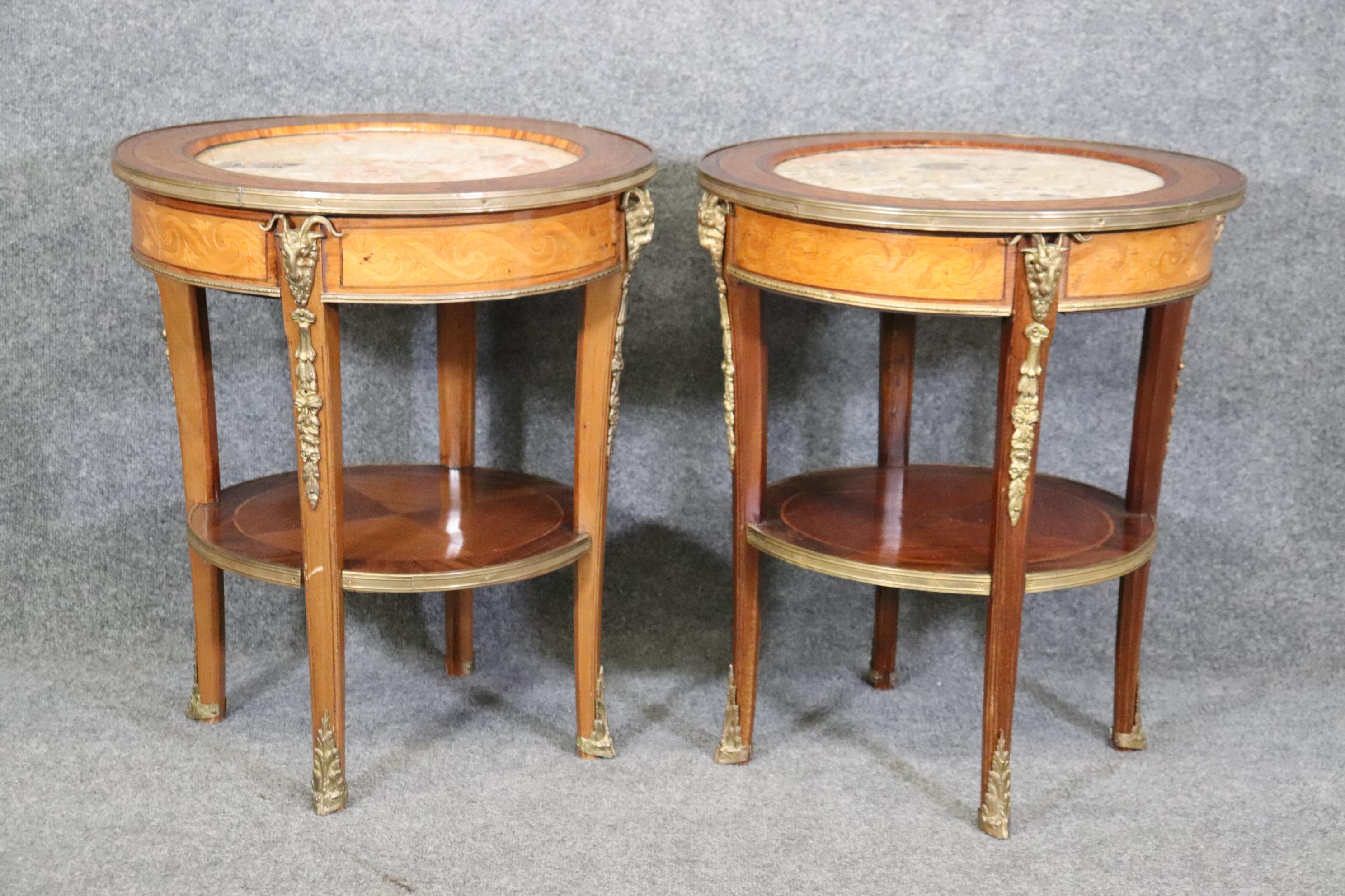 Superb Inlaid Satinwood and Walnut Marble Top Bronze Rams Head End Tables  In Good Condition In Swedesboro, NJ