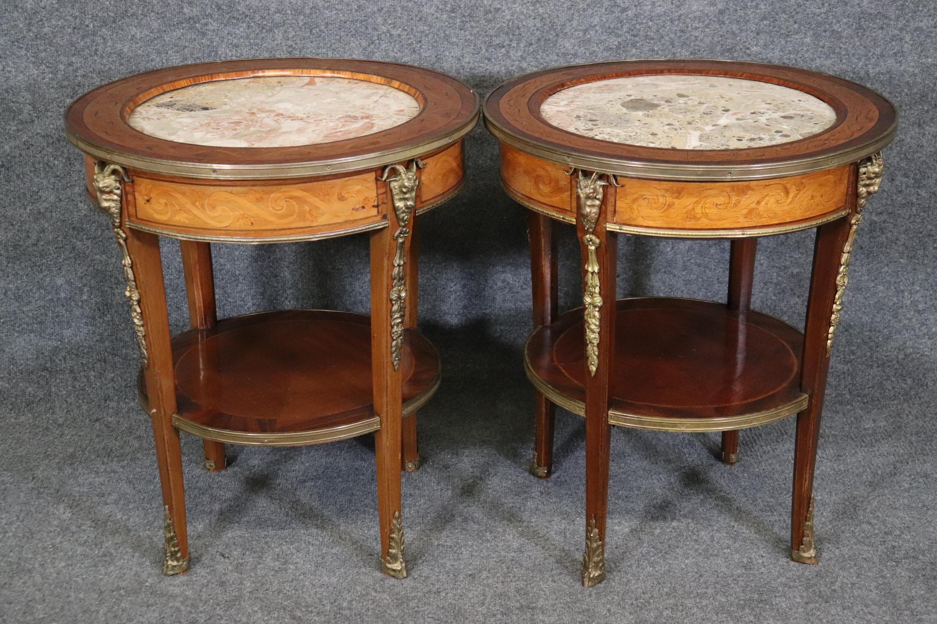 Early 20th Century Superb Inlaid Satinwood and Walnut Marble Top Bronze Rams Head End Tables