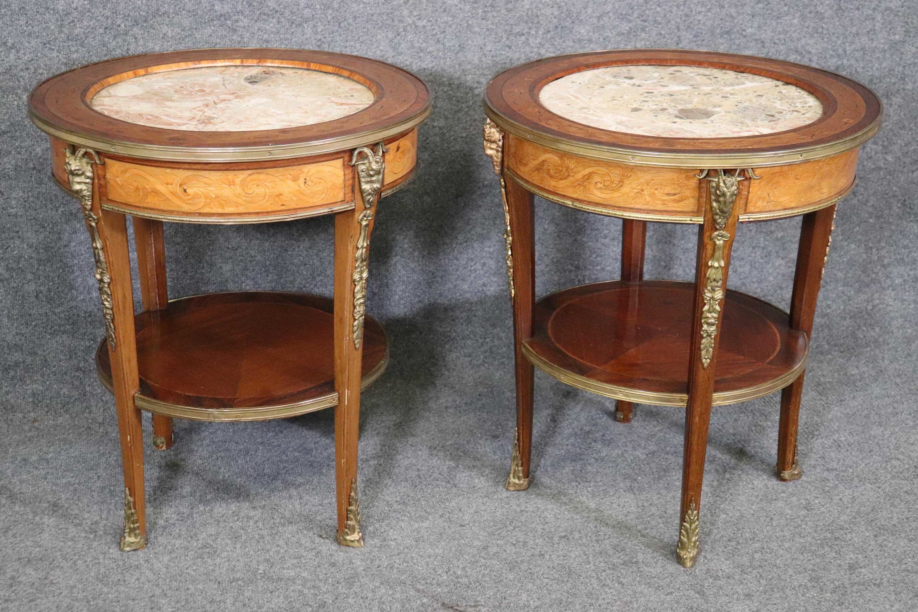 Superb Inlaid Satinwood and Walnut Marble Top Bronze Rams Head End Tables  1