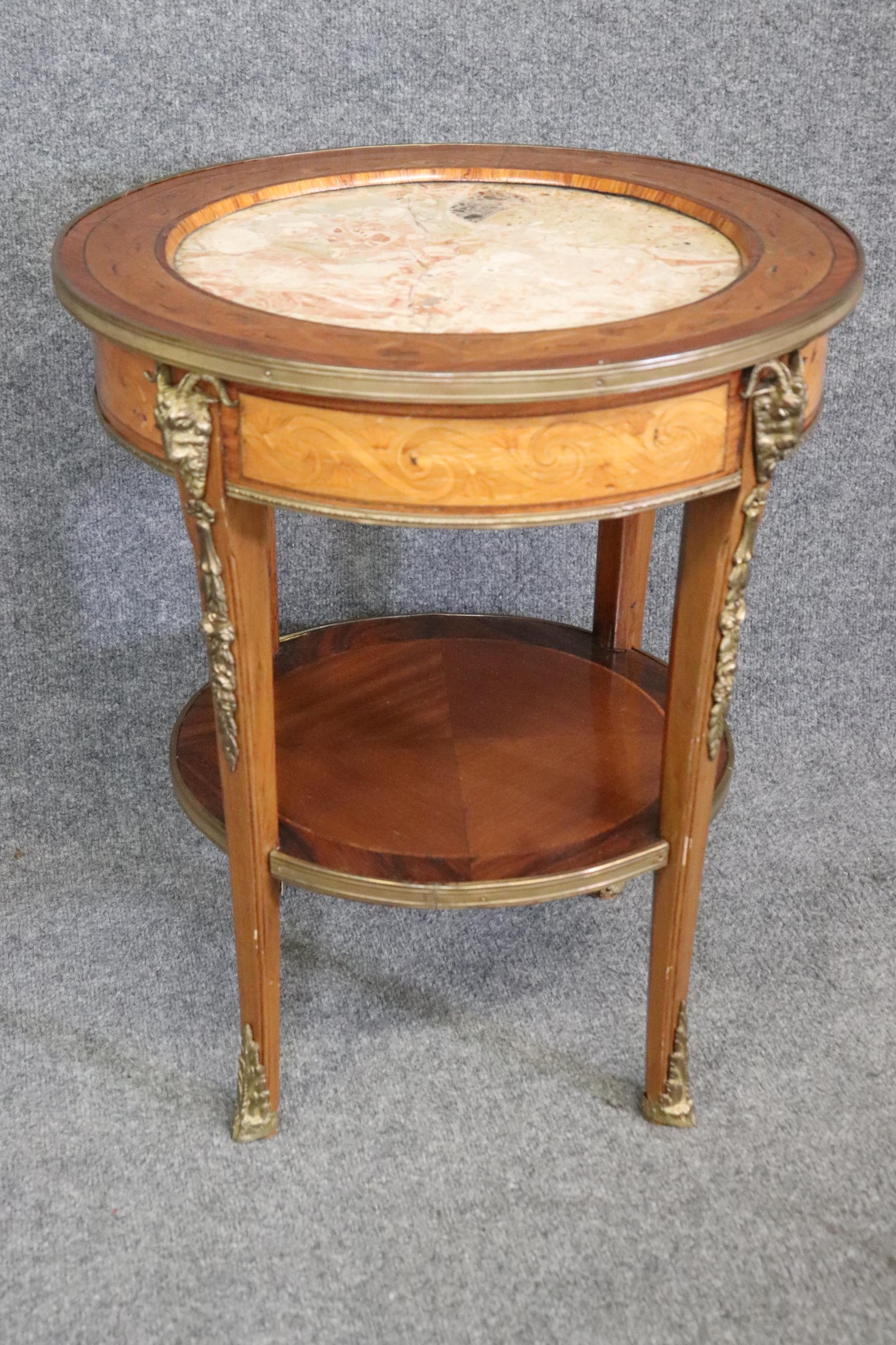 Superb Inlaid Satinwood and Walnut Marble Top Bronze Rams Head End Tables  2