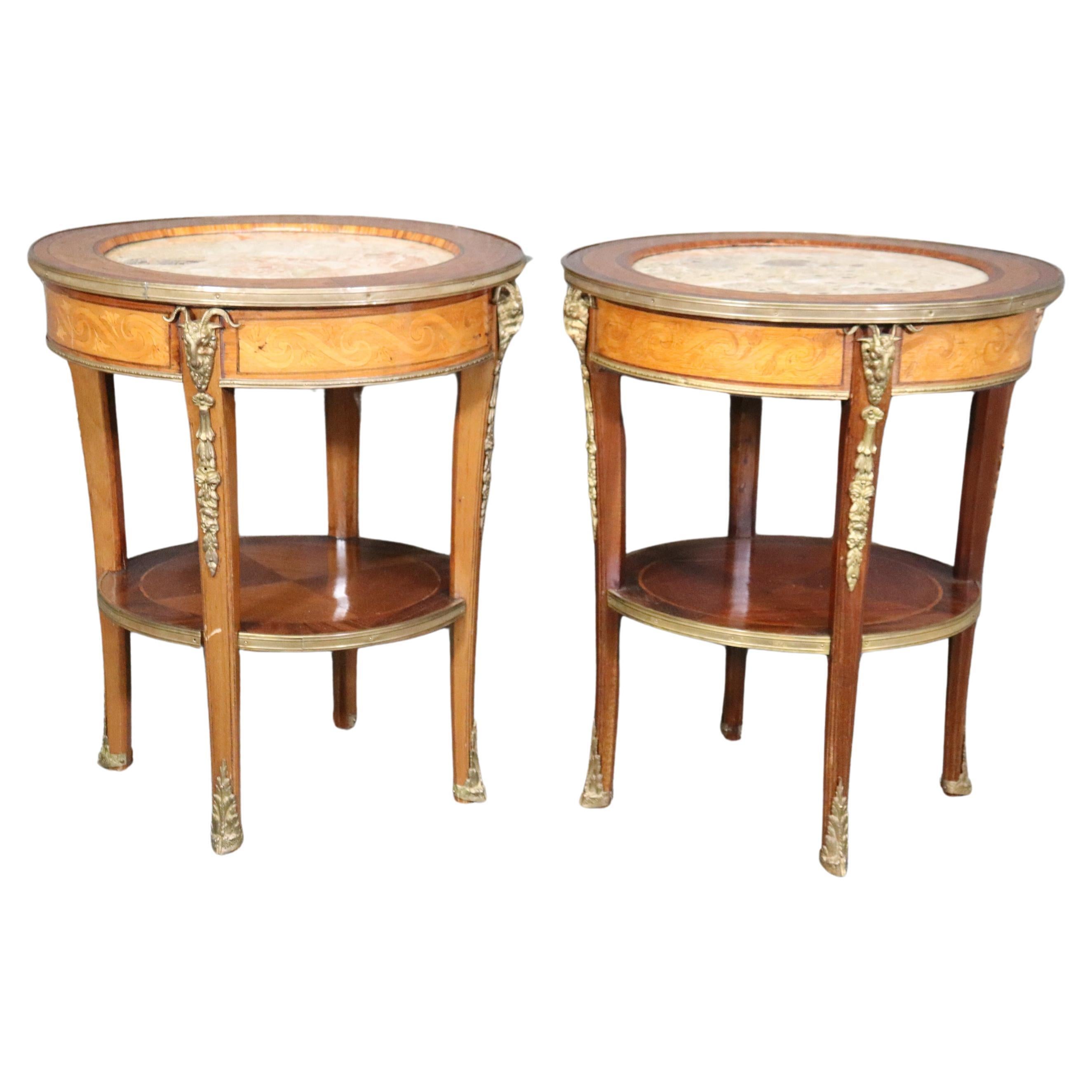 Superb Inlaid Satinwood and Walnut Marble Top Bronze Rams Head End Tables 
