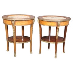 Superb Inlaid Satinwood and Walnut Marble Top Bronze Rams Head End Tables 