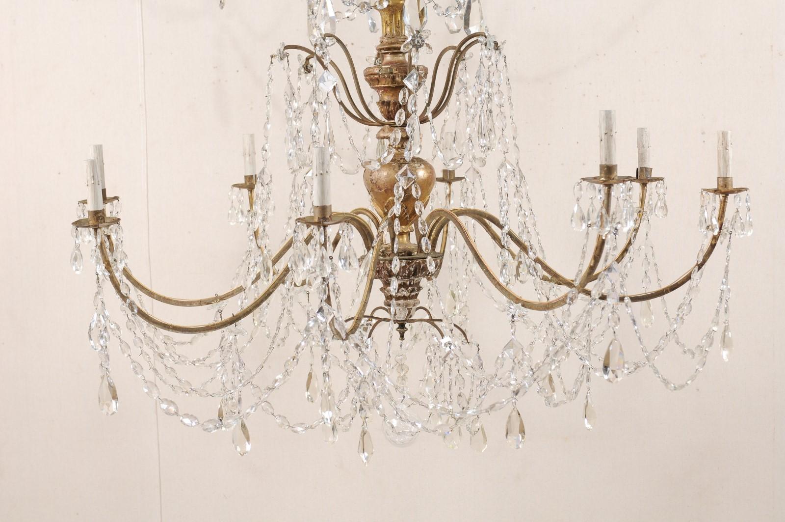 Carved A Superb Italian Antique Crystal & Giltwood Column Chandelier, 4.5 ft Tall!
