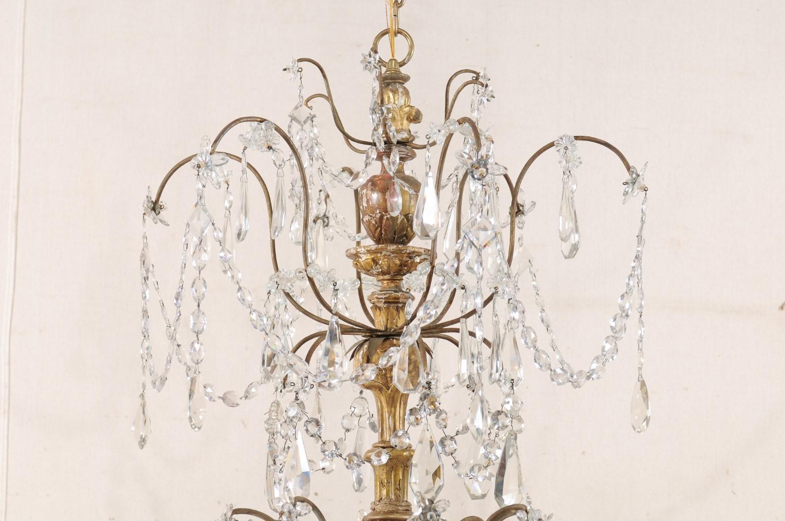 A Superb Italian Antique Crystal & Giltwood Column Chandelier, 4.5 ft Tall! In Good Condition In Atlanta, GA
