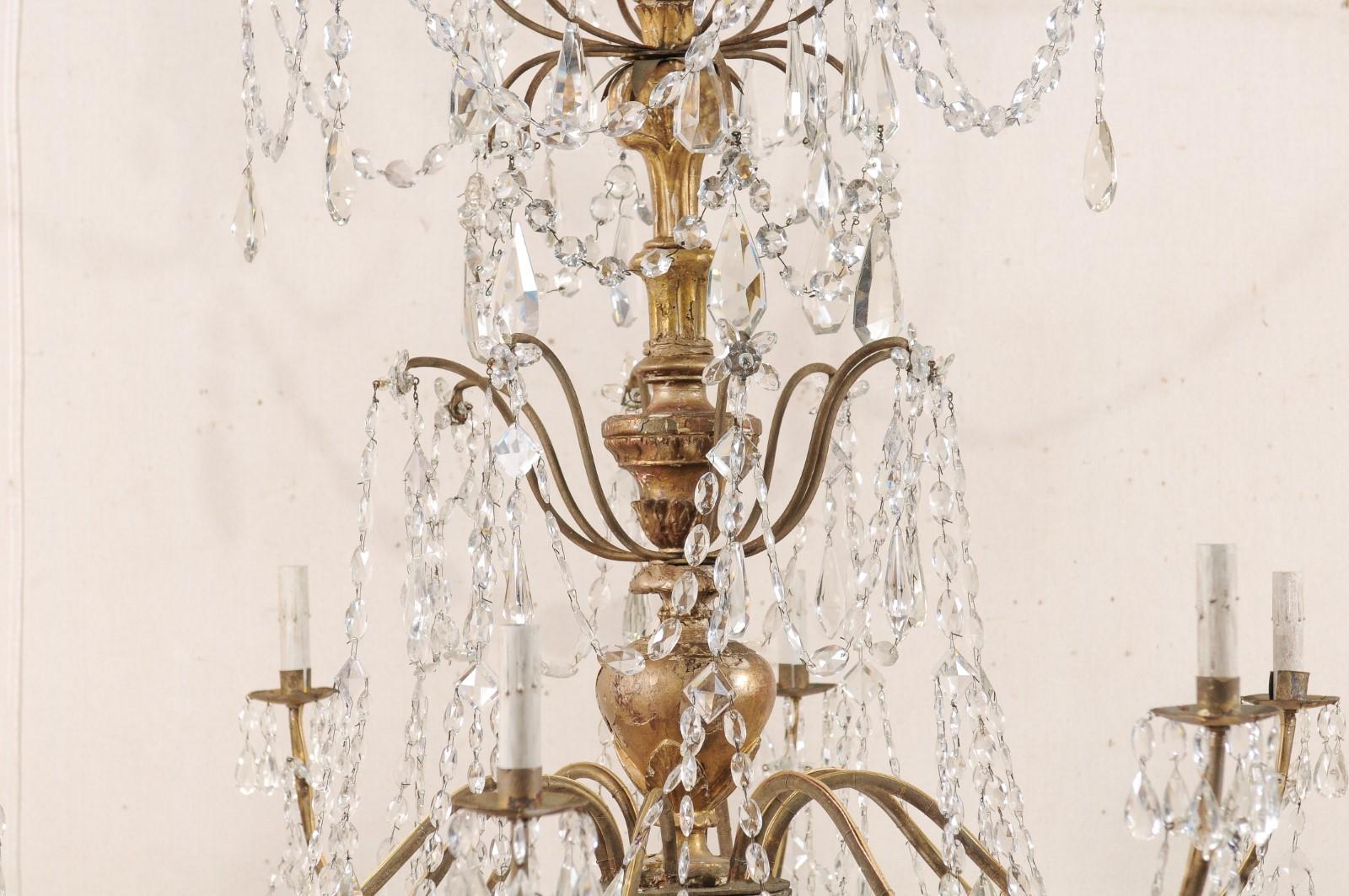 20th Century A Superb Italian Antique Crystal & Giltwood Column Chandelier, 4.5 ft Tall!
