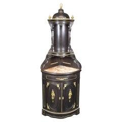 Superbe meuble d'angle italien en noyer foncé et bronze Dore' Ormolu à dessus de marbre