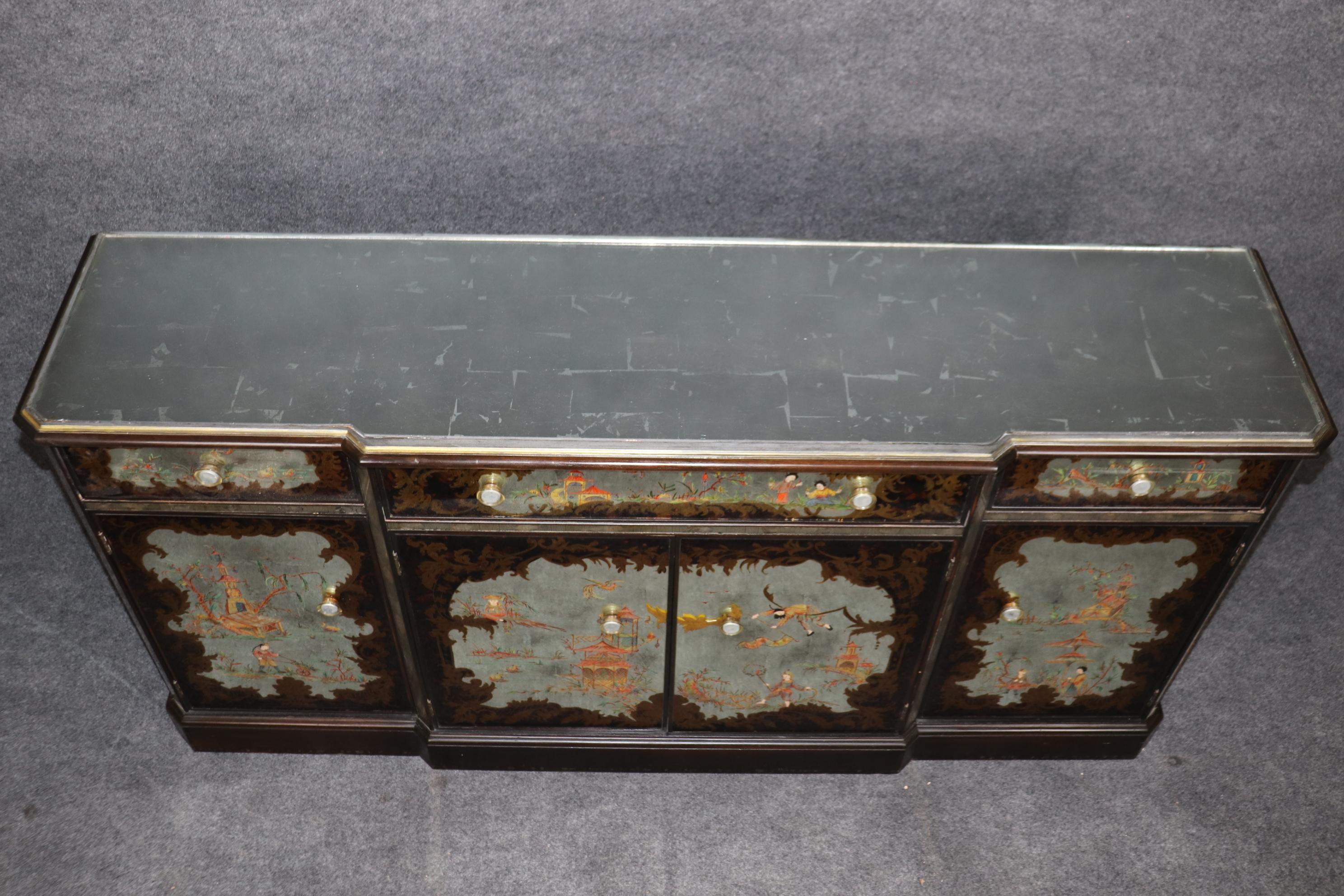 Hollywood Regency Superb Italian Silver Leaf Chinoiserie Painted Eglomise Sideboard Buffet For Sale