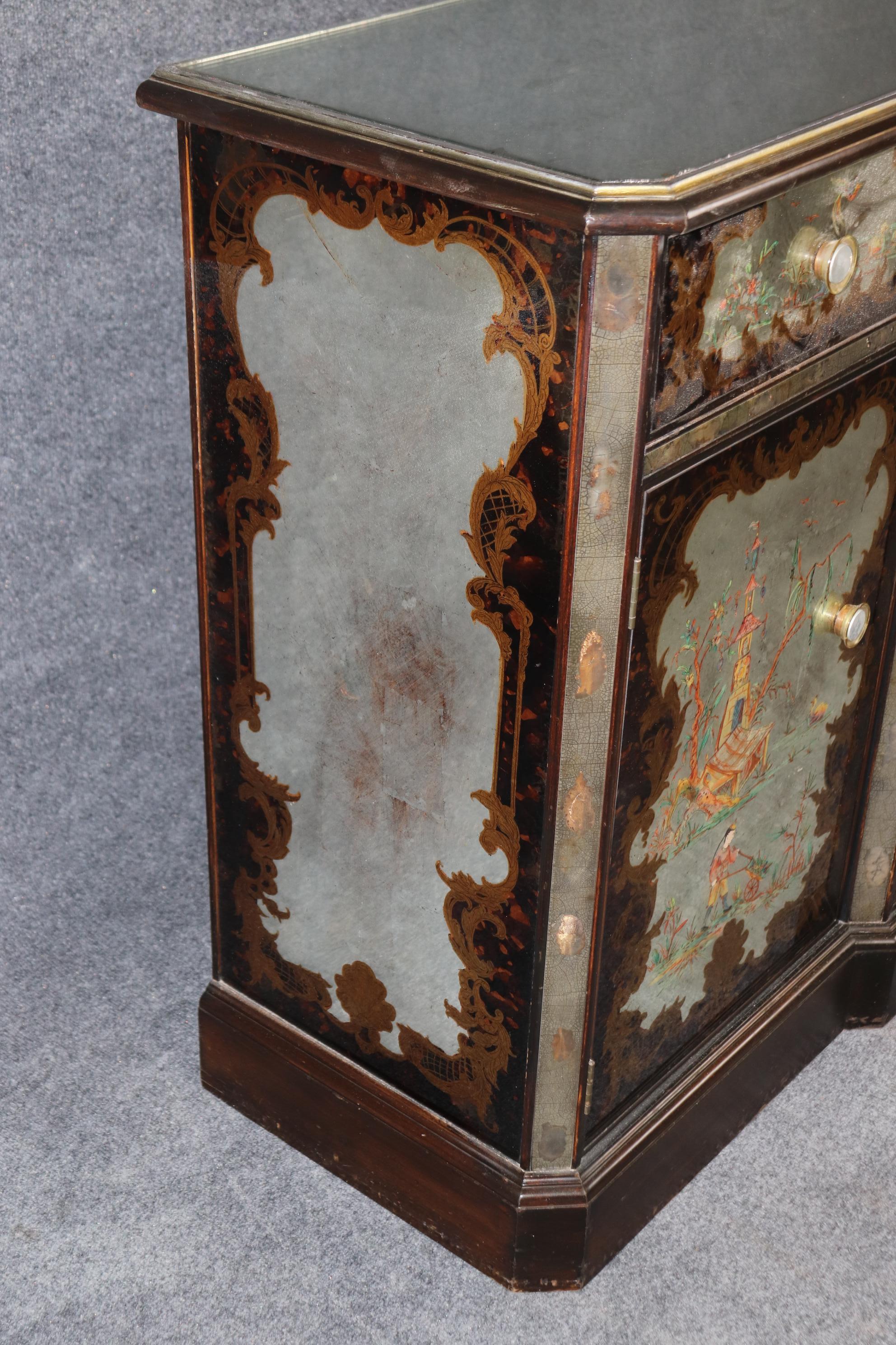 Glass Superb Italian Silver Leaf Chinoiserie Painted Eglomise Sideboard Buffet