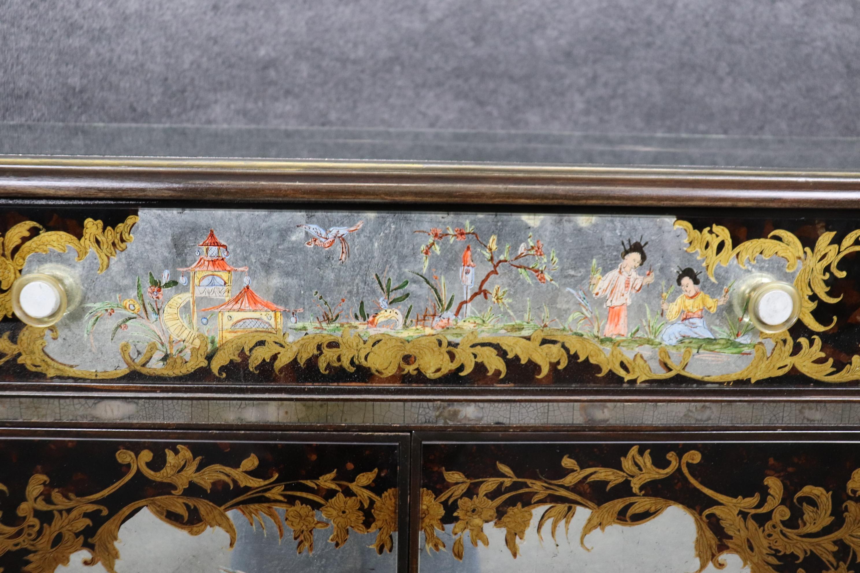 Superb Italian Silver Leaf Chinoiserie Painted Eglomise Sideboard Buffet For Sale 2
