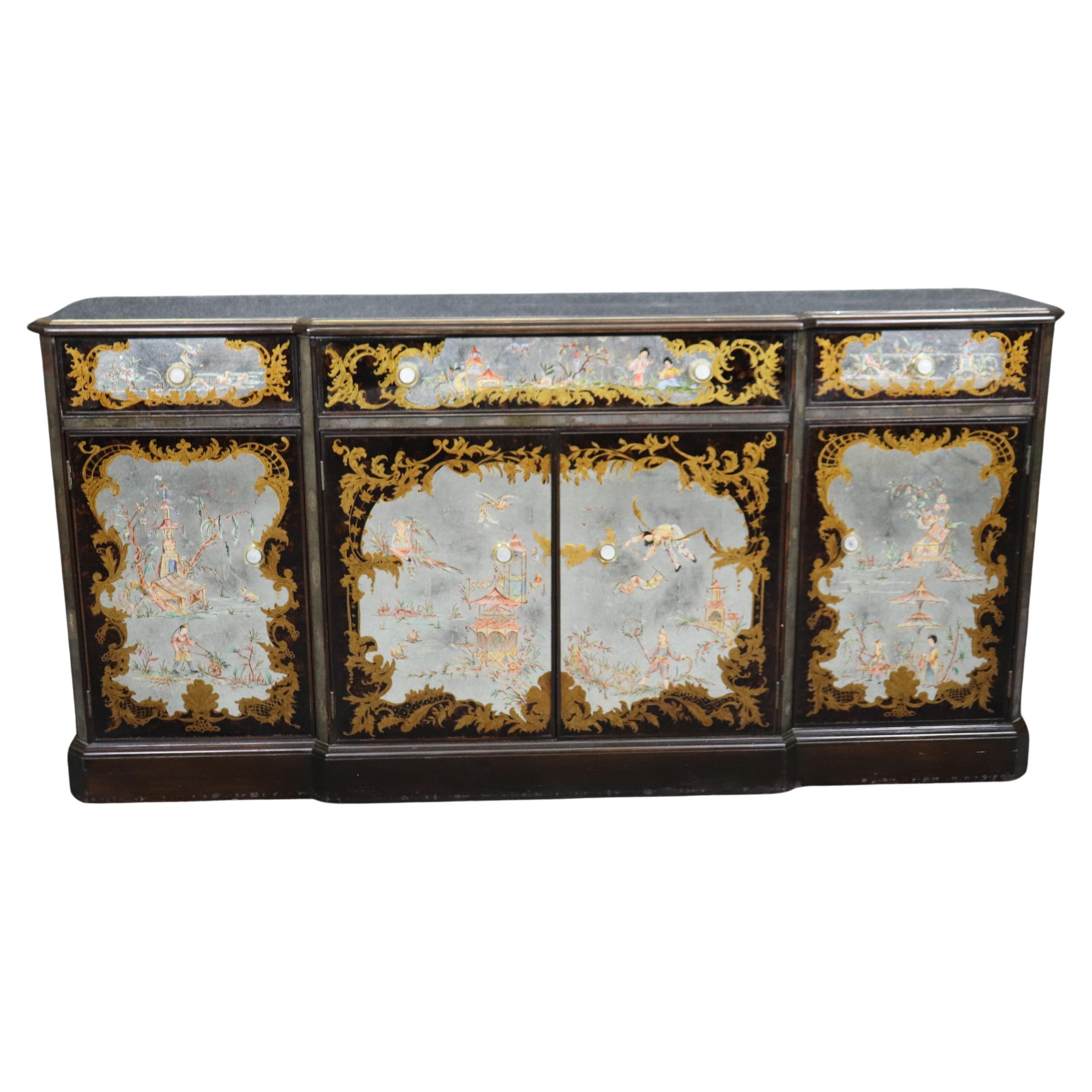 Superb Italian Silver Leaf Chinoiserie Painted Eglomise Sideboard Buffet For Sale