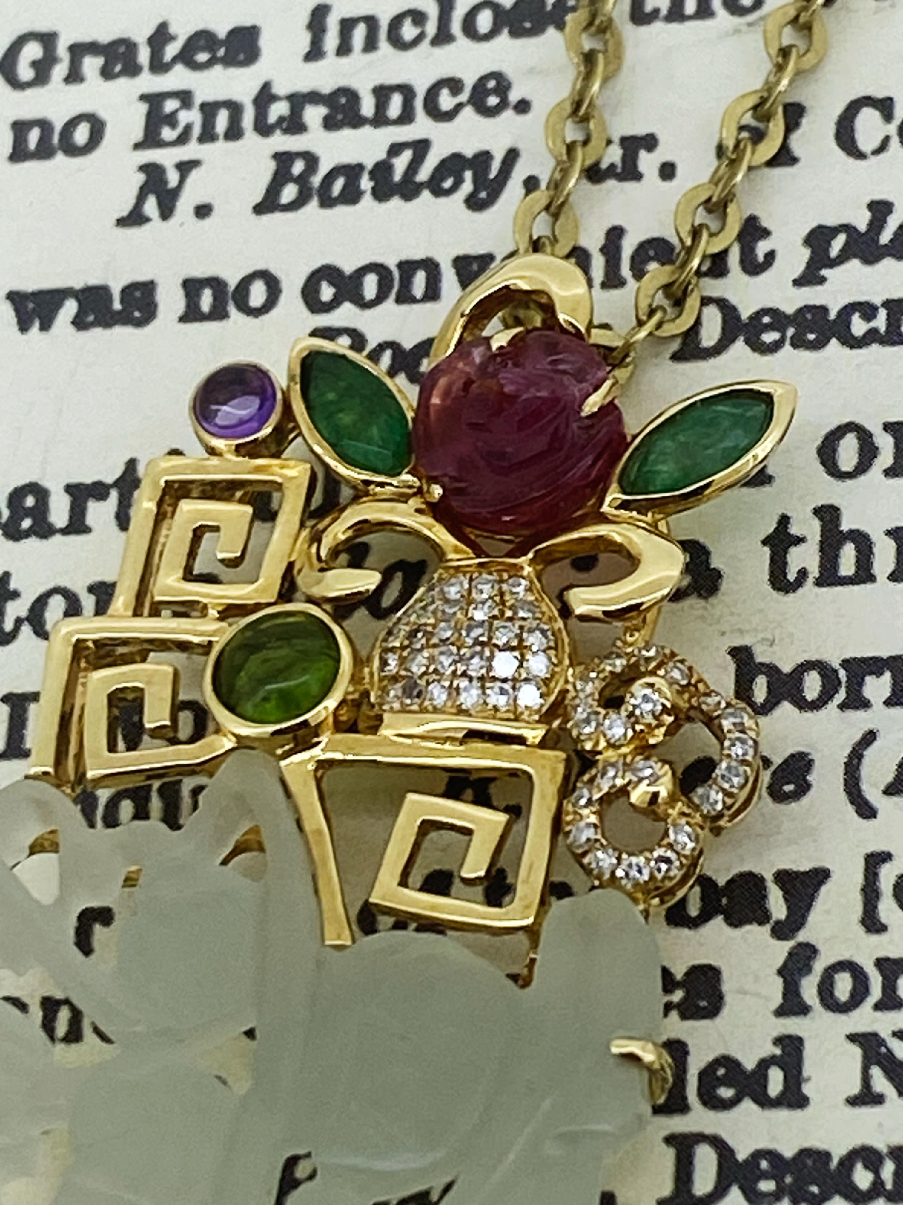 Retro Superb Jade Carving Pendant in 18K Gold, Set with Diamonds & Tourmalines + Chain For Sale