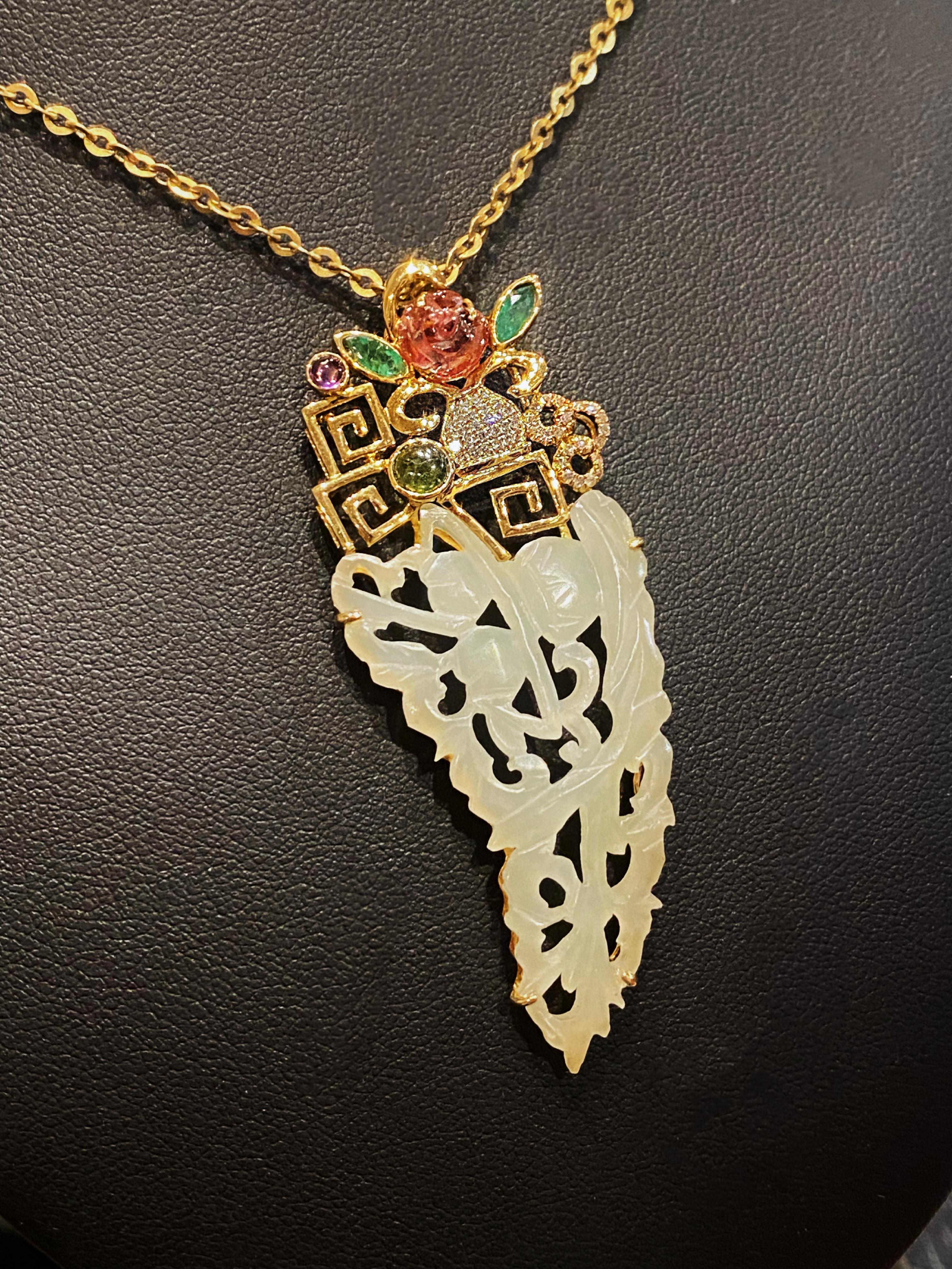 Round Cut Superb Jade Carving Pendant in 18K Gold, Set with Diamonds & Tourmalines + Chain For Sale