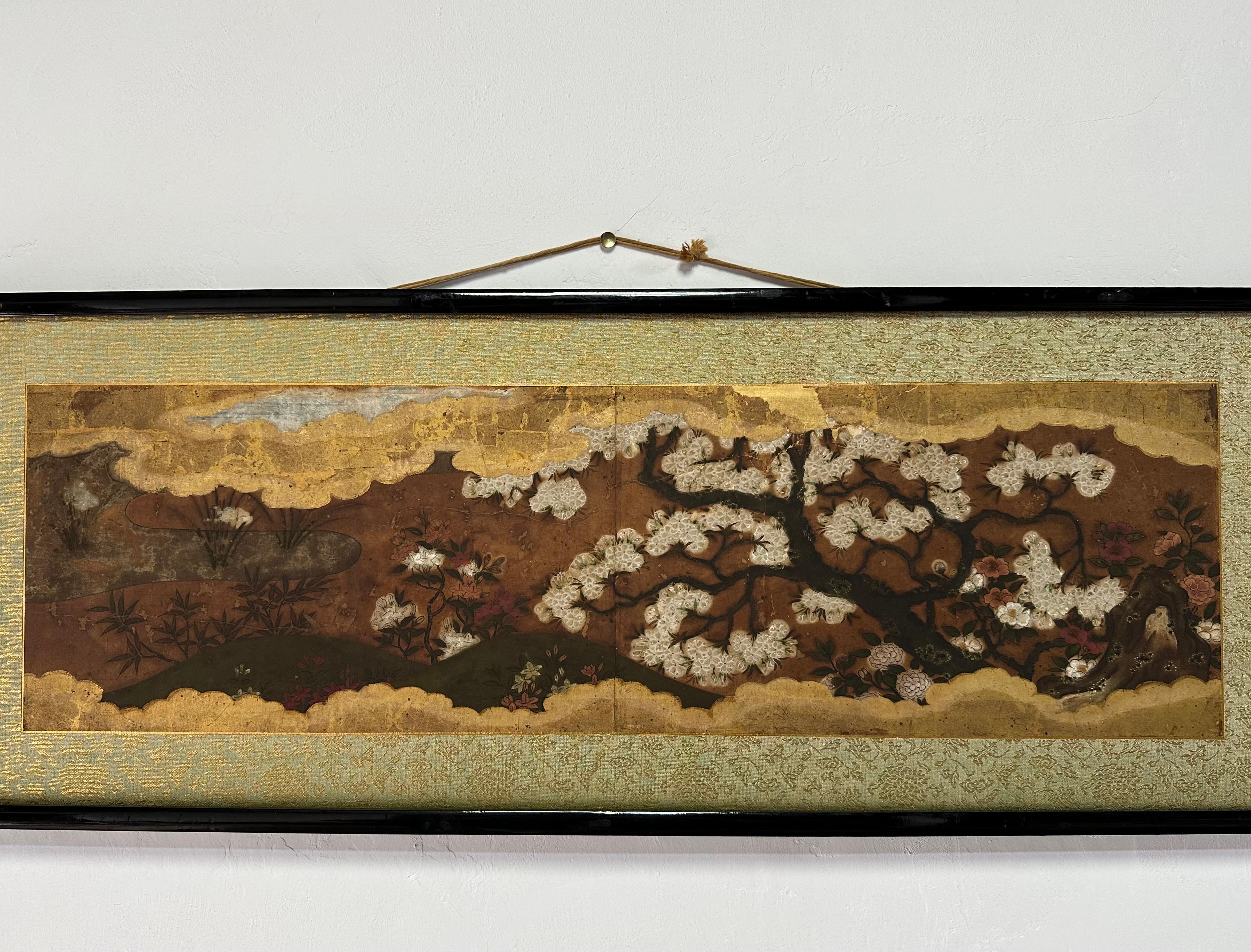 Superb Japanese Landscape Scroll with Sakura and Bamboo, 16th–17th Century Edo en venta