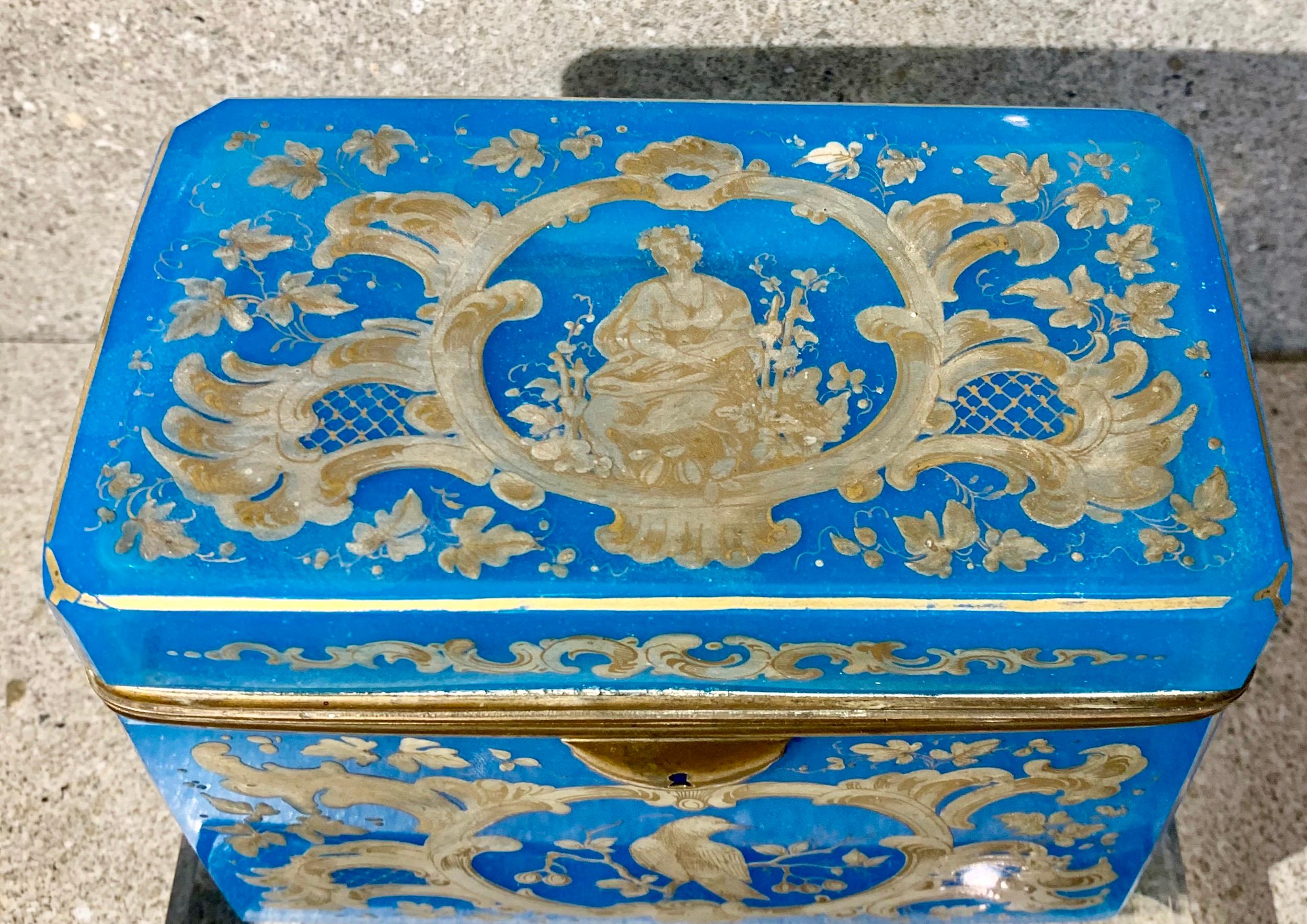 Made in Bohemia circa 1860
A heavy high quality casket skillfully hand enamelled with a floral decoration all over the top and sides. This box has a finely cast gilt bronze escutcheon and mounts.
The measurements are 6 Inches Wide by 4.5 Inches