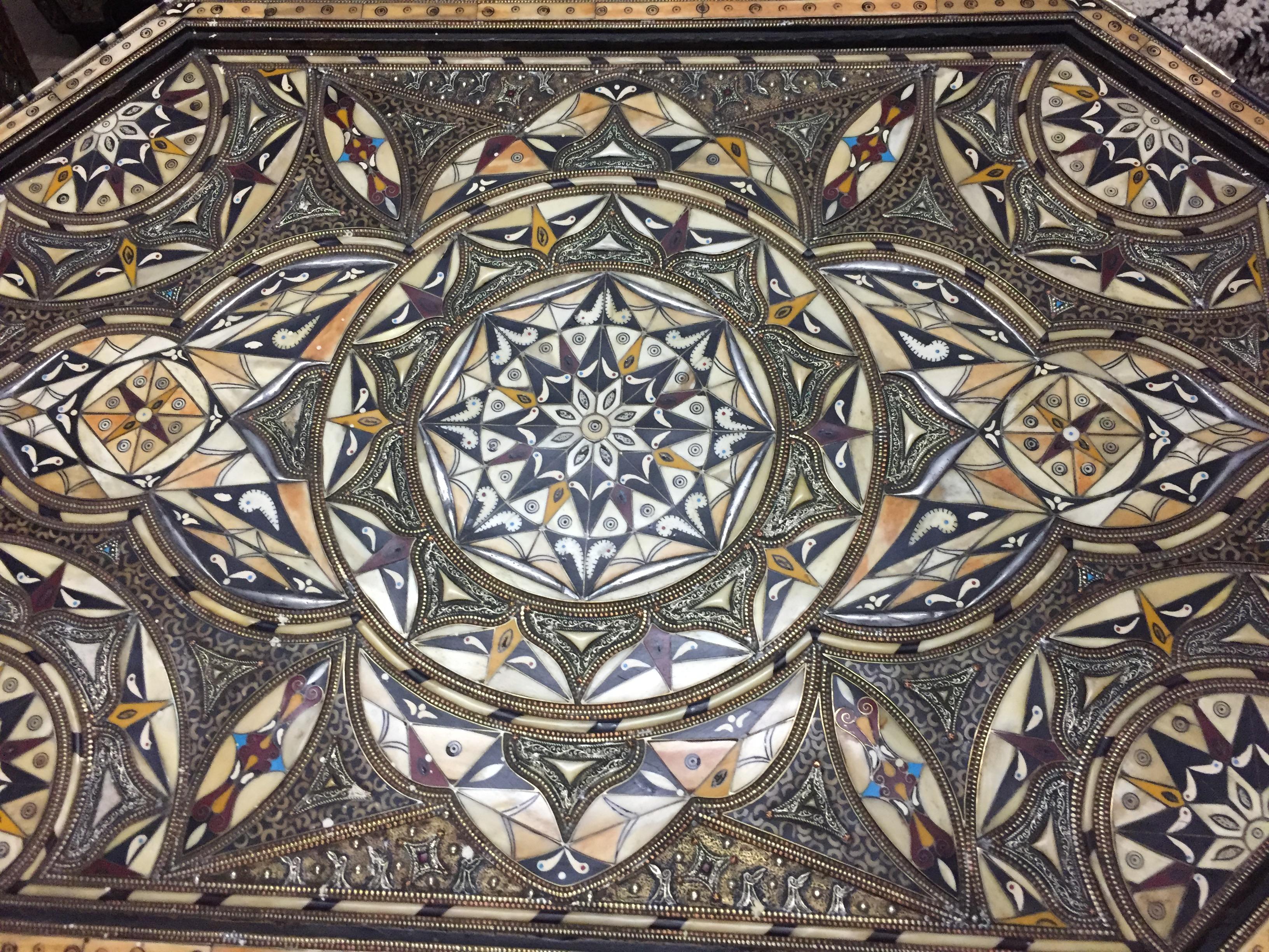 Moroccan Superb Large Coffee Table Inlay with Carmel Bone and Tooled Metal