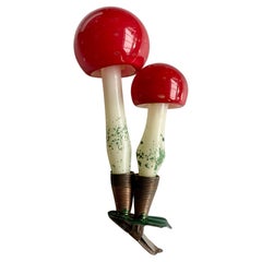Superb Large Glass Clip-On Mid-Century Christmas Mushroom Family, Ca.1960's