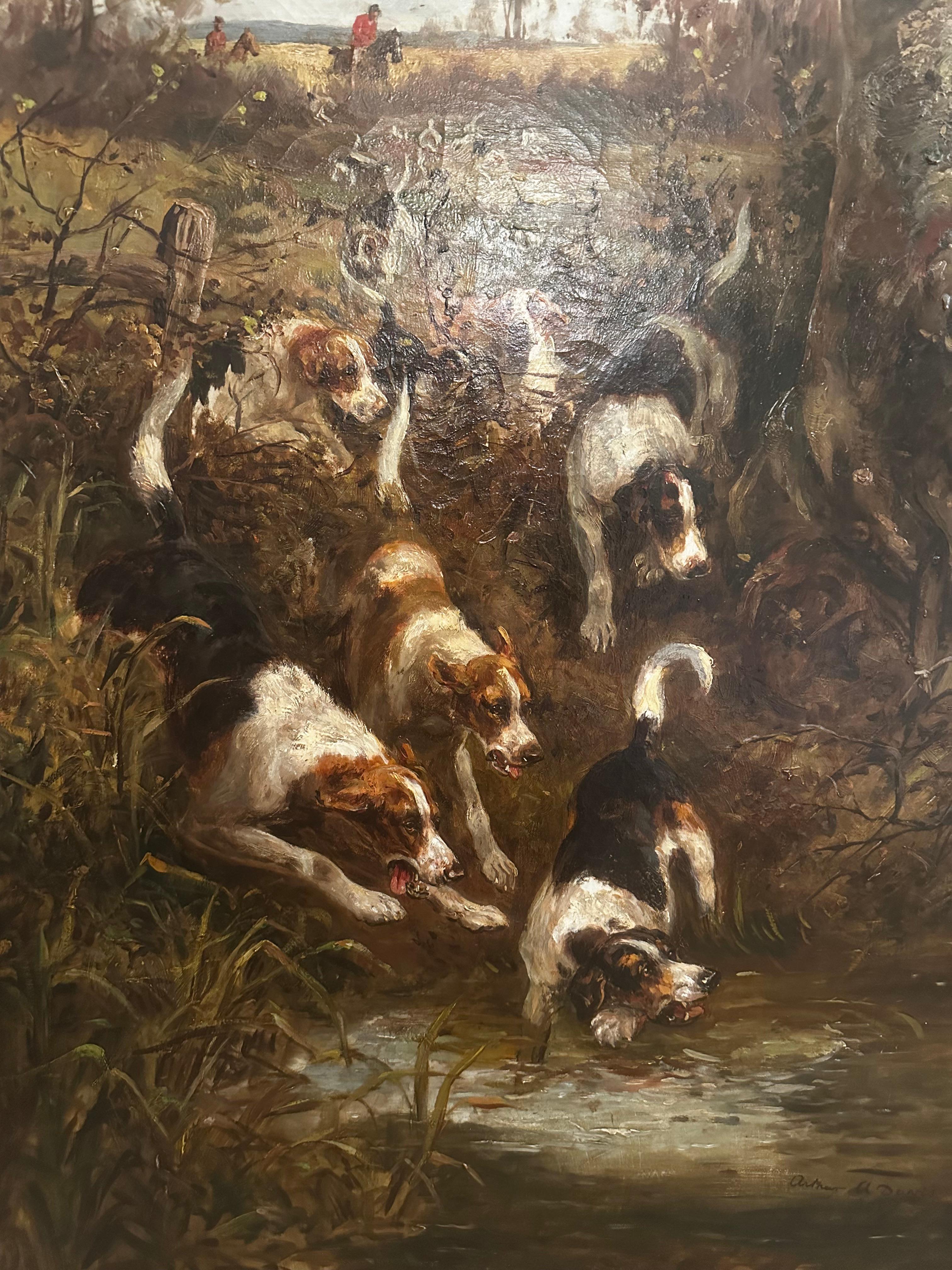 Anglais Superbe grande scène de chasse avec chiens d'Arthur Alfred Davis en vente